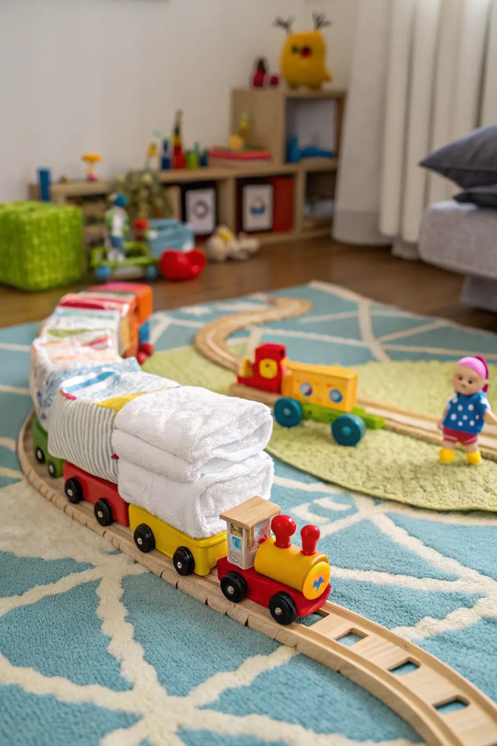 A fun diaper locomotive prepared to delight the new family.