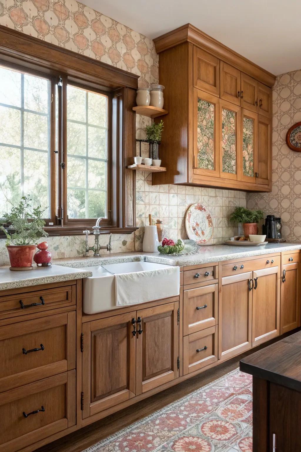 A old-inspired backing adds memory charm to the kitchen.