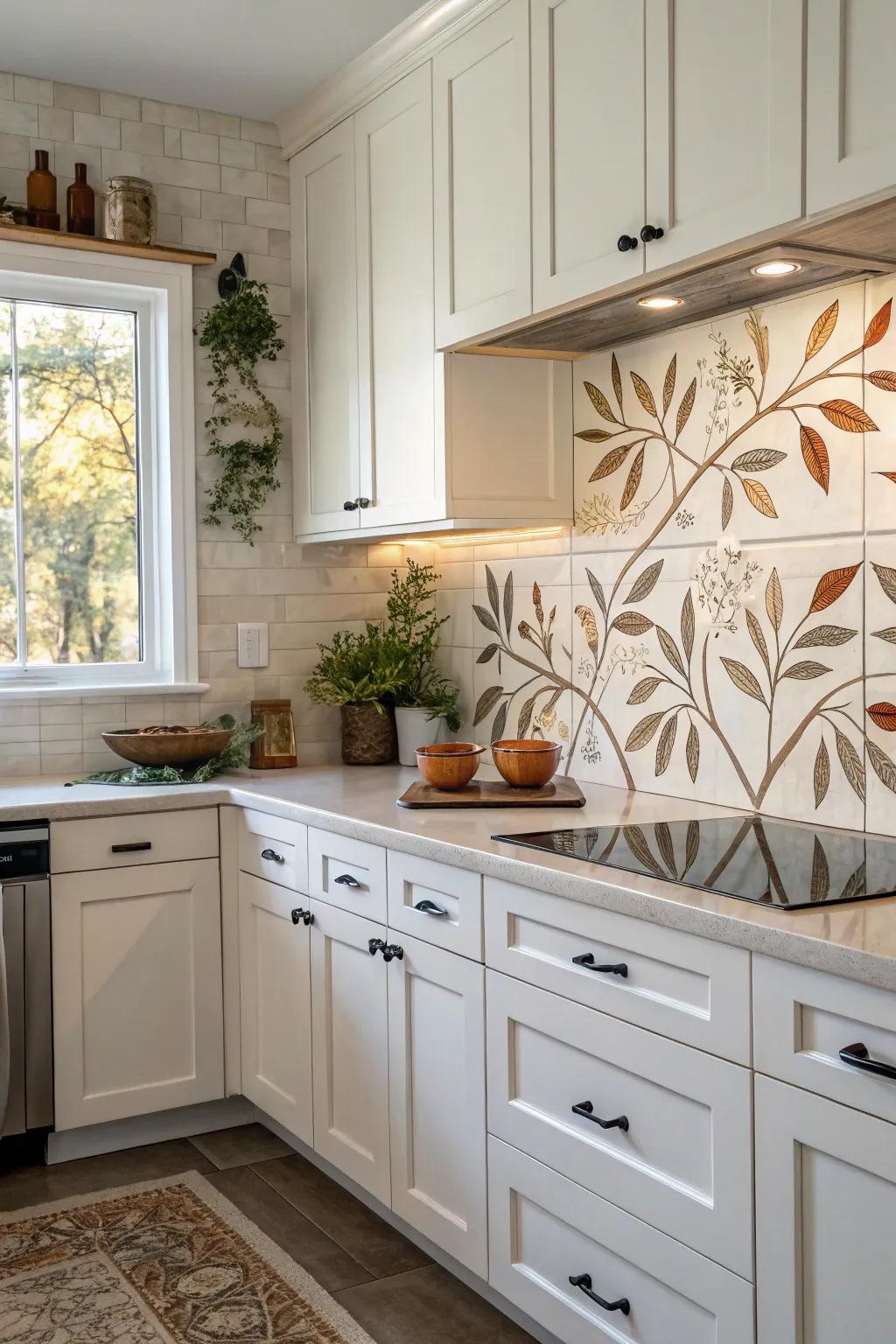 Nature-inspired tiles bring the outdoors into this white kitchen.