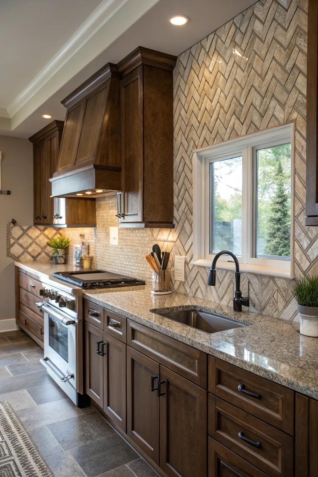 Herringbone tiles add a classic texture to fantasy brown granite.