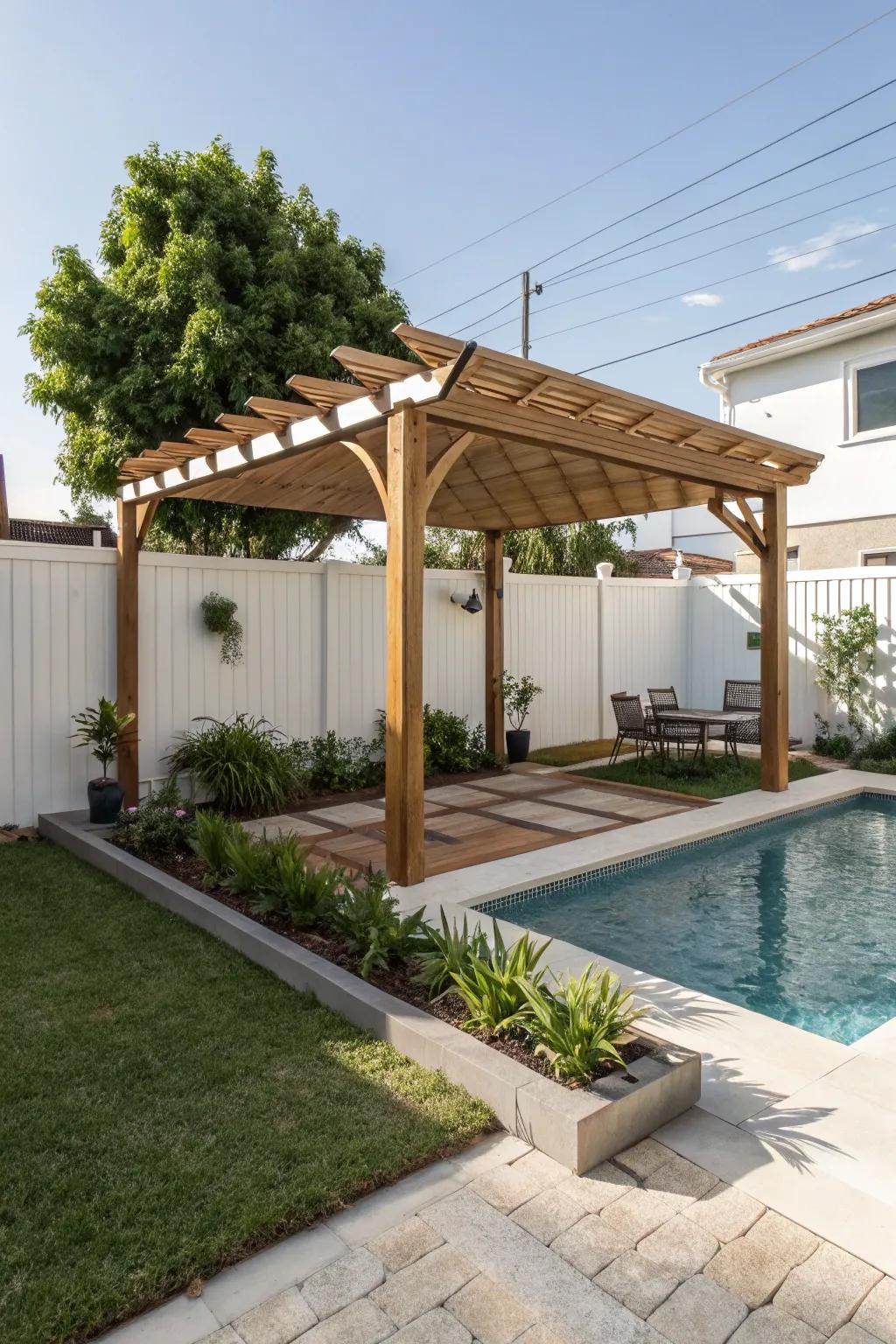 A small-scale pergola maximizes style in limited spaces.