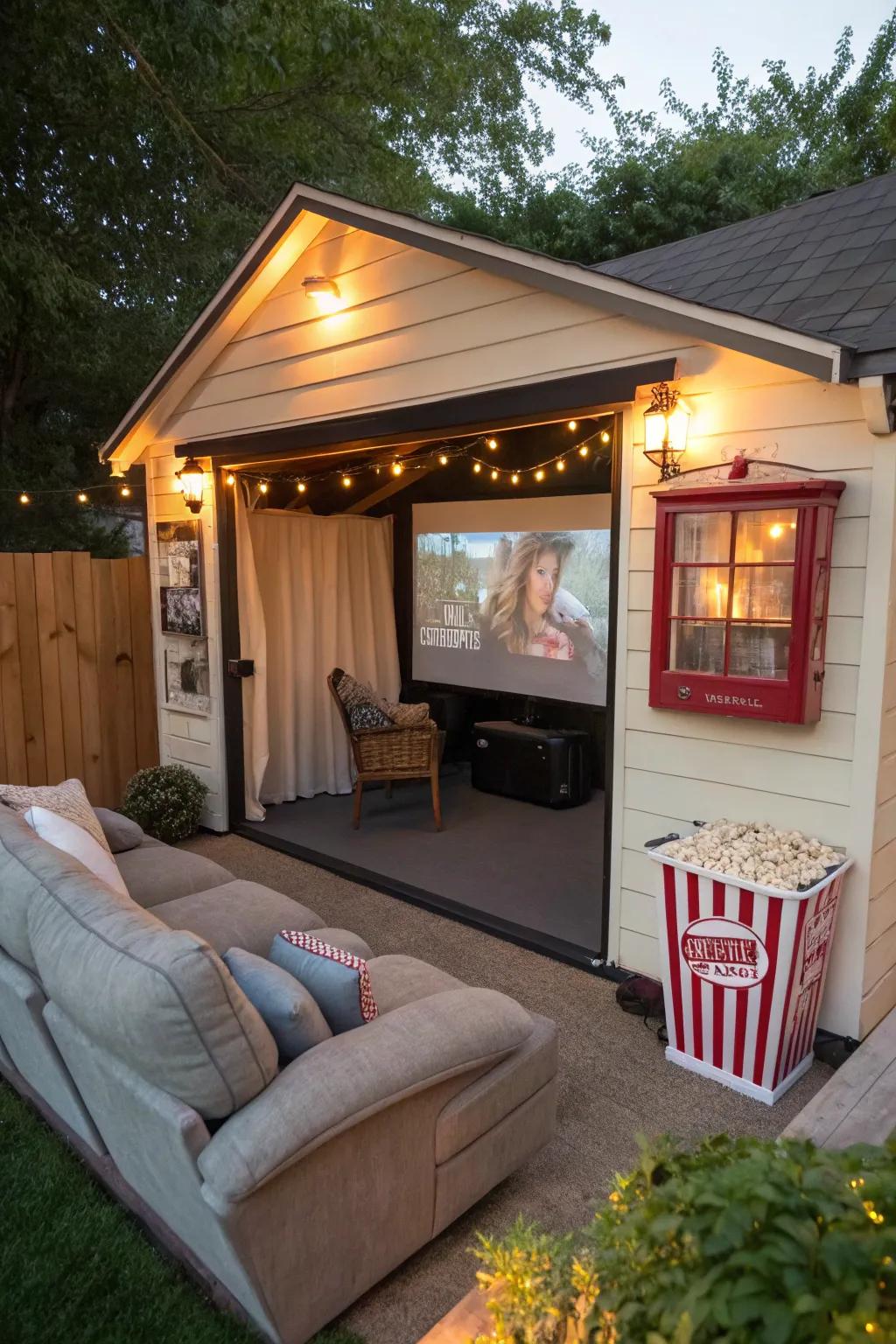 A backyard shed transformed into a cozy movie theater.