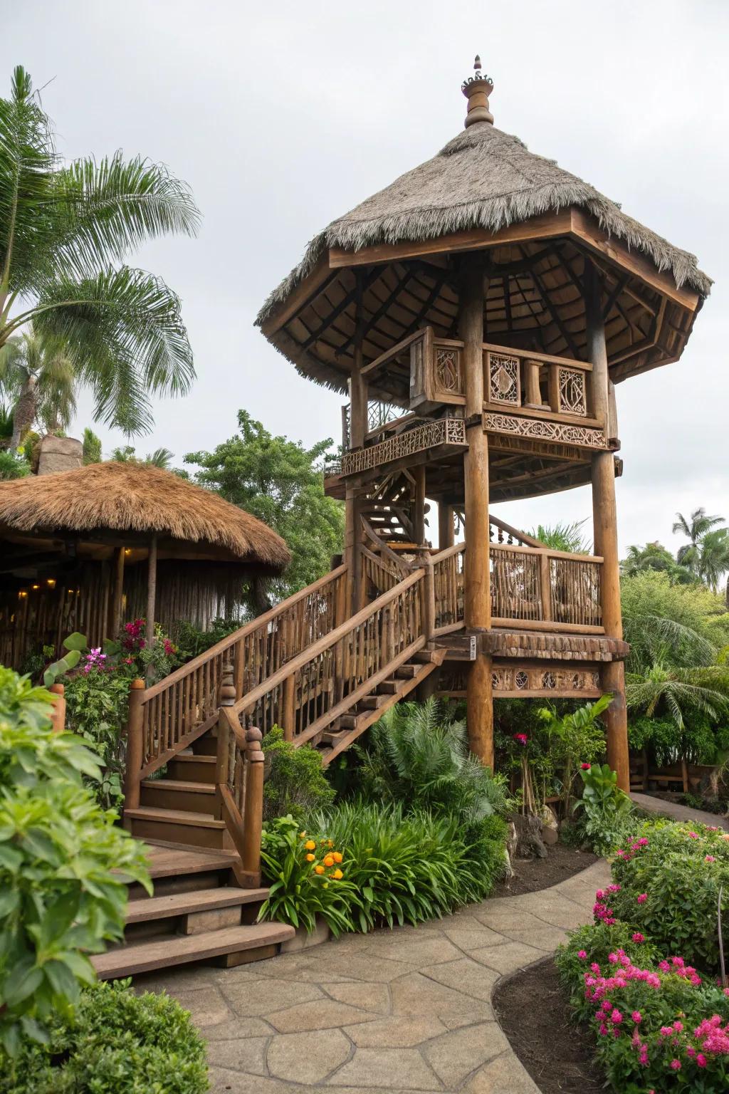 A split-level design introduces dimension and versatility to your tiki space.
