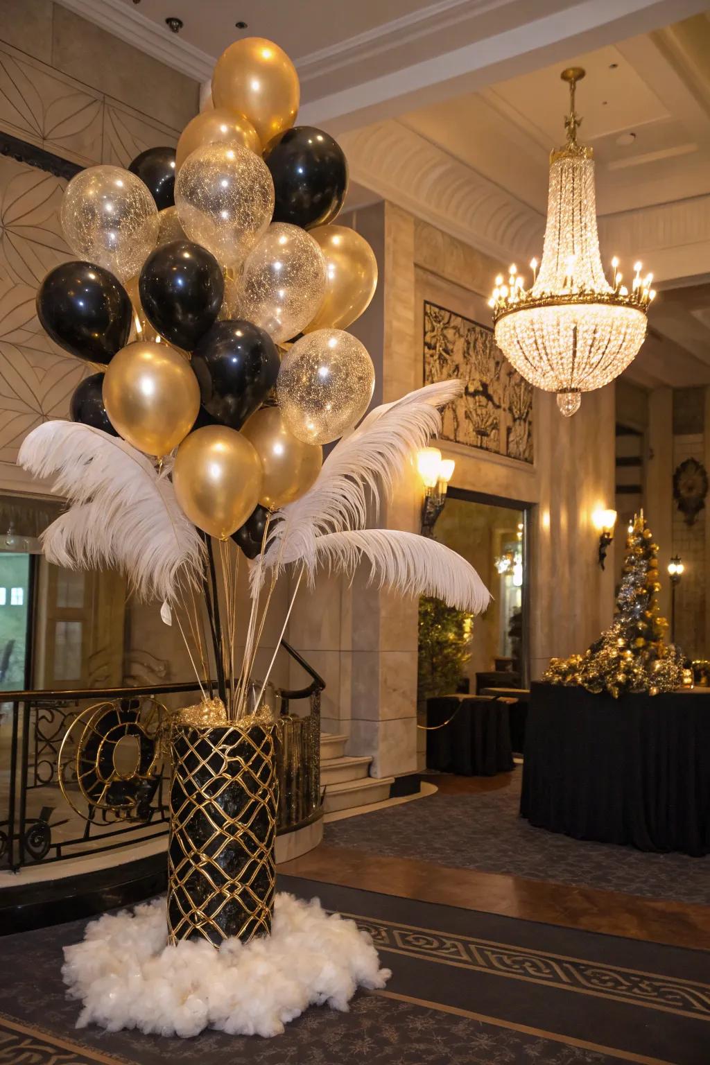 A Gatsby-inspired balloon arrangement that introduces opulence to themed celebrations.
