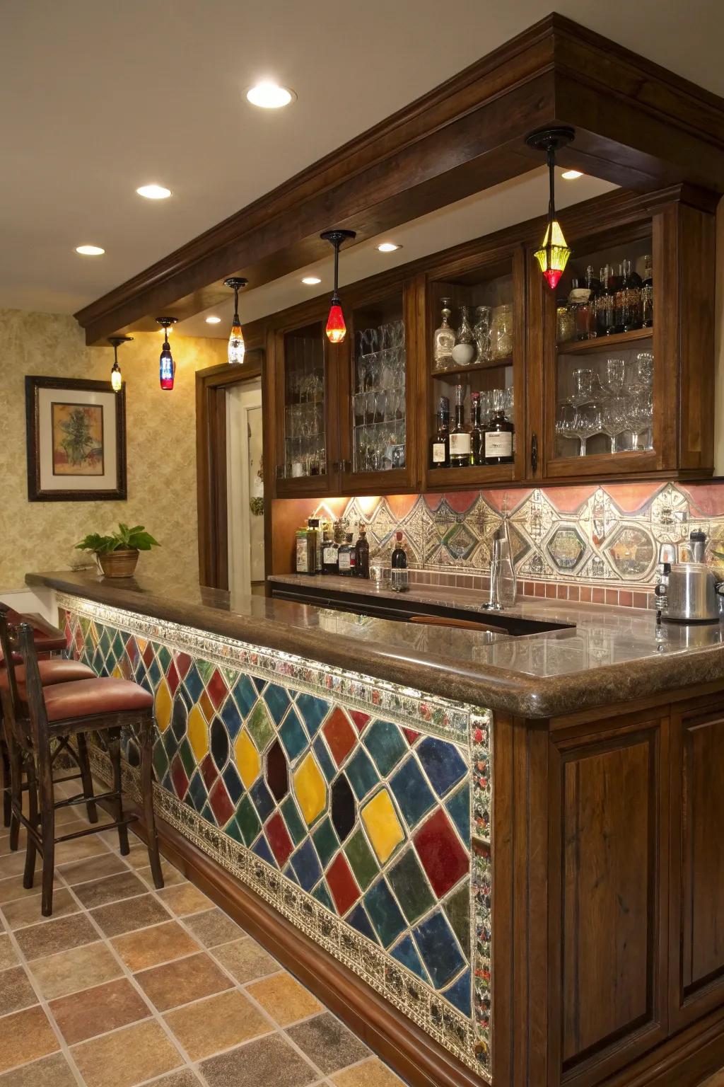 A home bar with a tile backsplash featuring dyed joining compound accents.