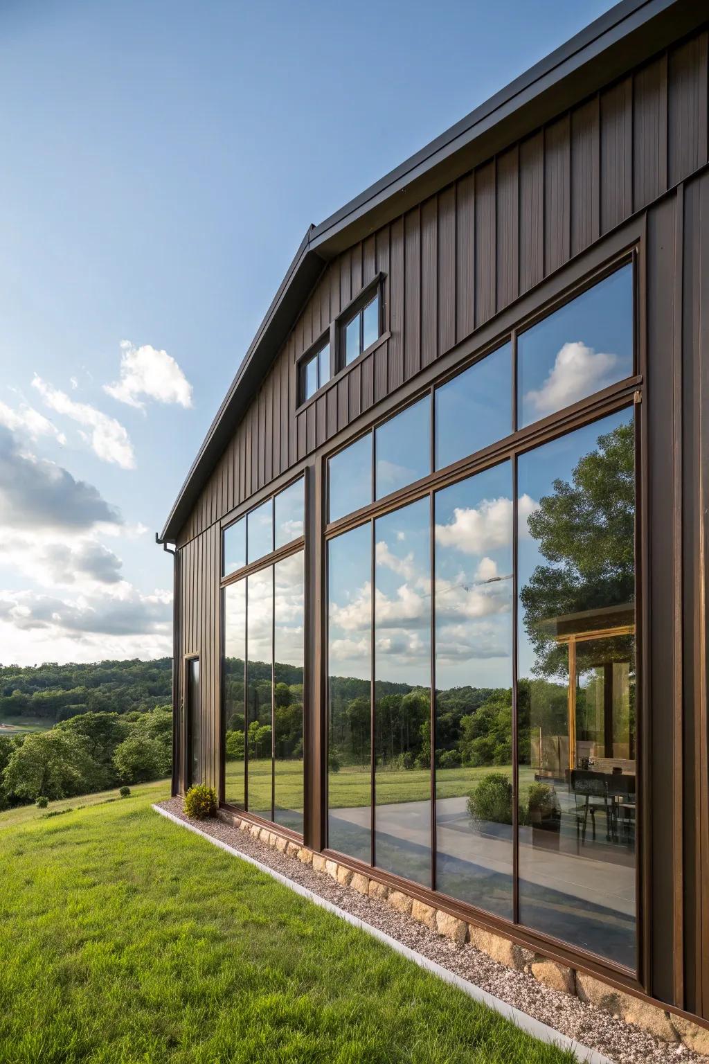 Bronze glass adds sophistication and privacy to this barndominium.