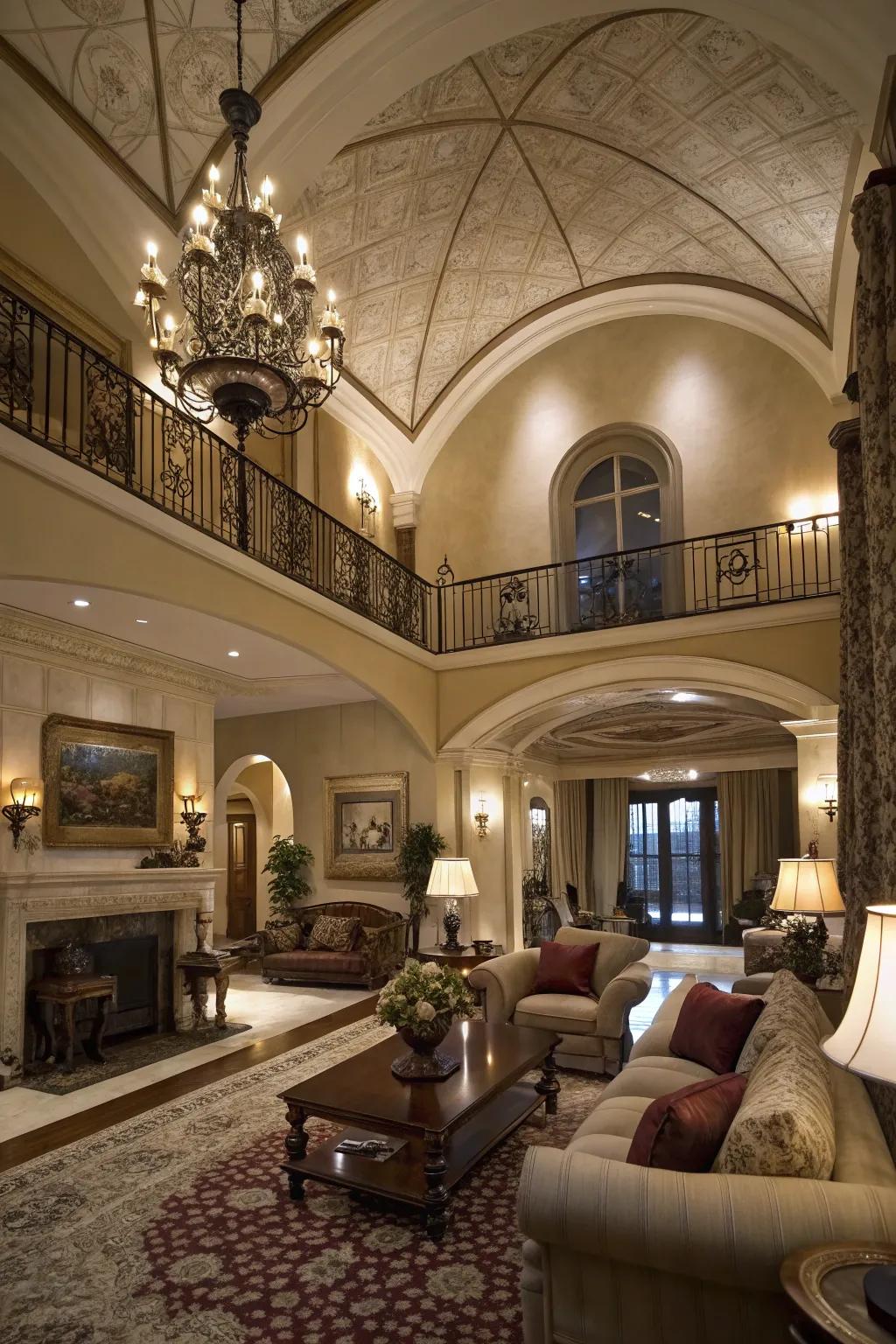 A dramatic living area with a multi-level vaulted ceiling as the focal point.