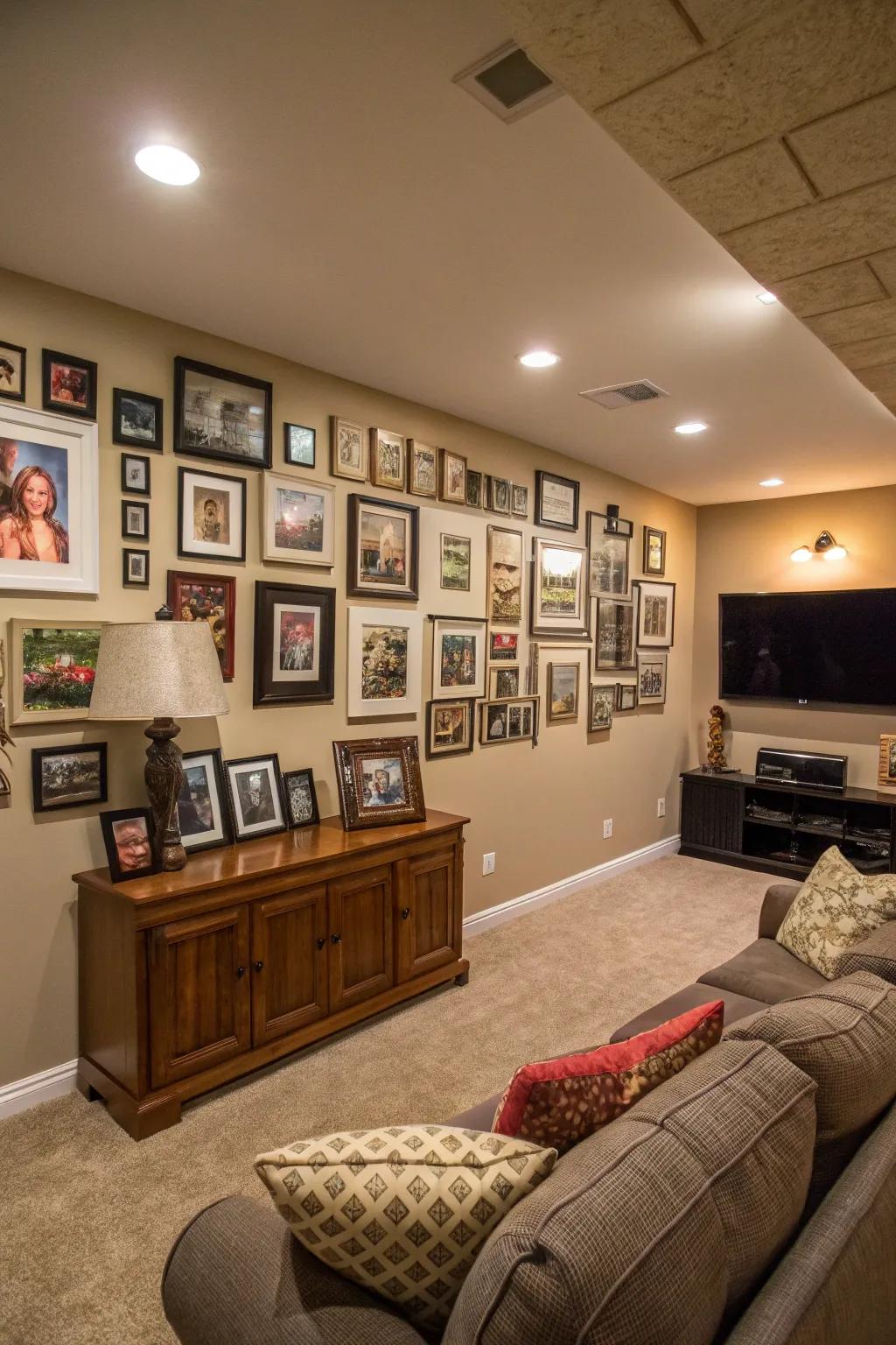 Family portraits personalize and warm up this basement getaway.