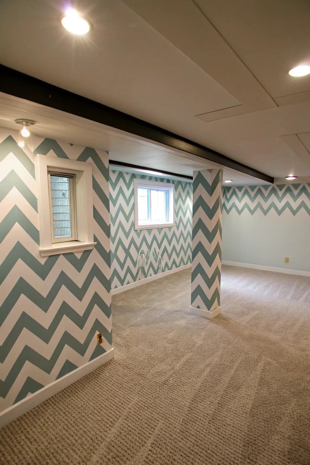 Chevron patterns contribute dynamic vitality.