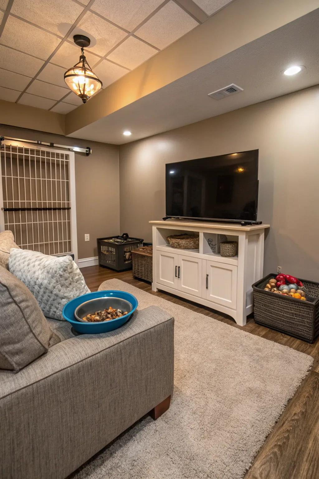 A basement TV room featuring a dedicated pet feeding area for convenience and cleanliness.