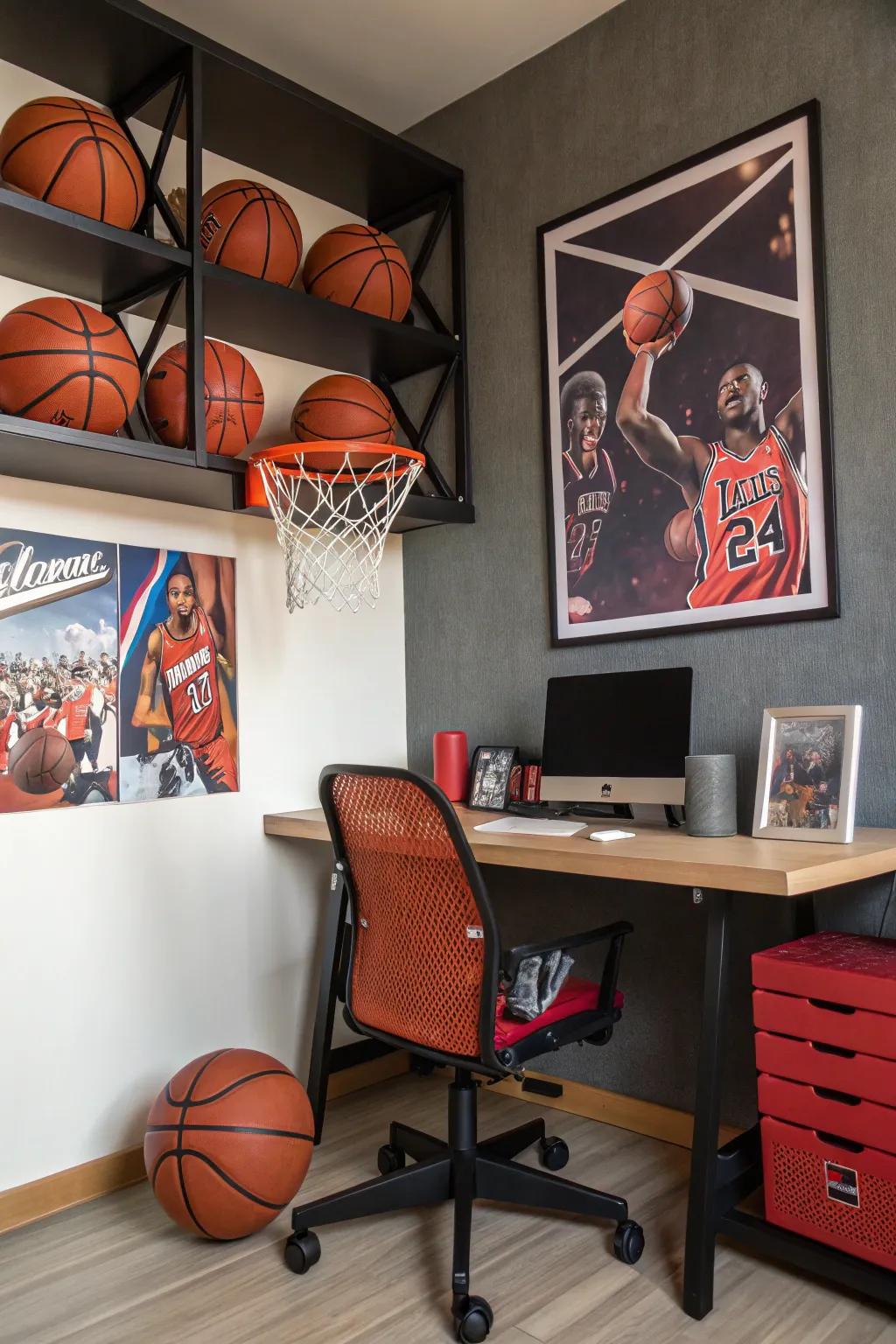 A basketball-themed work zone promotes ingenuity and focus.