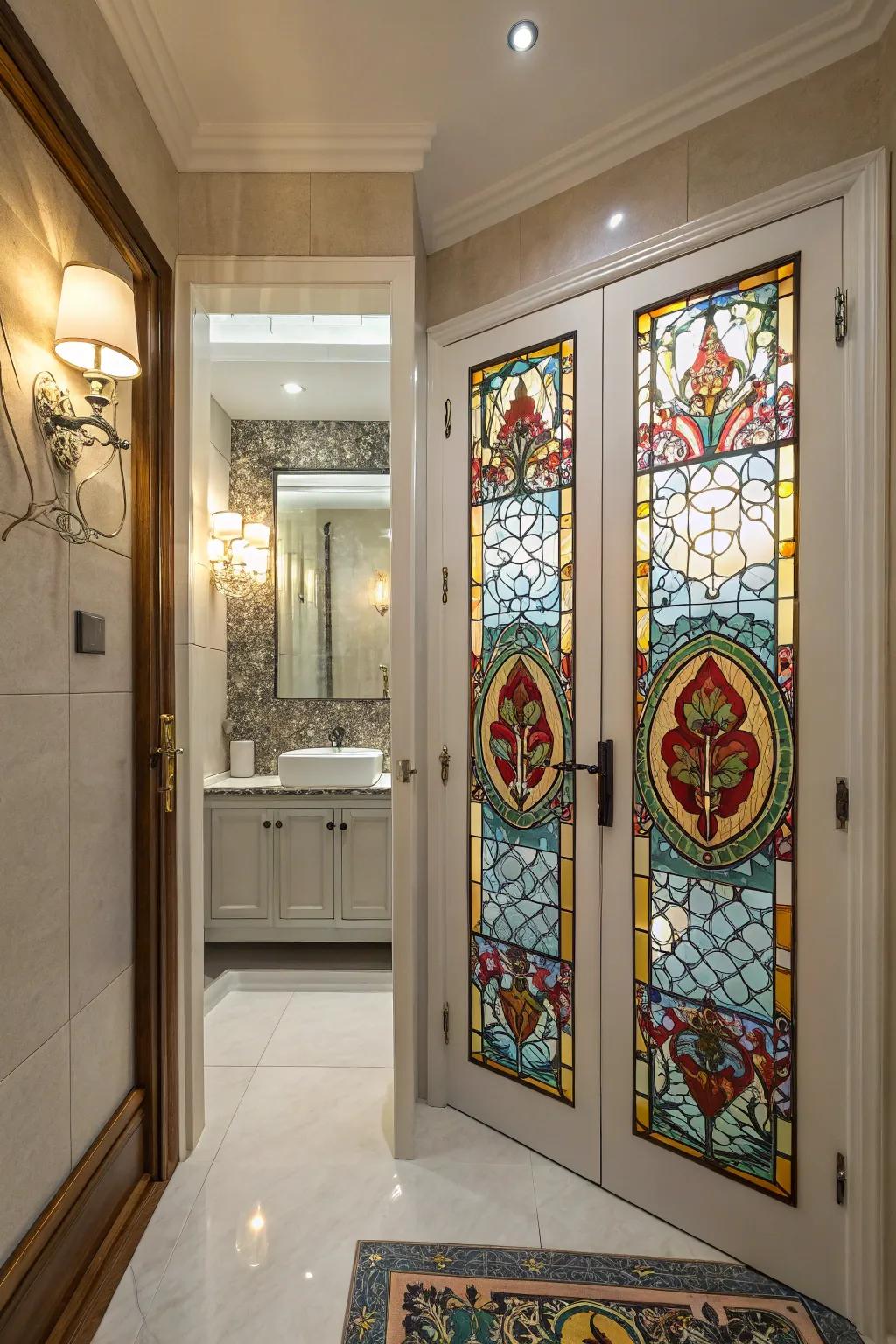 Stained glass doors bring color and luxury to bathrooms.