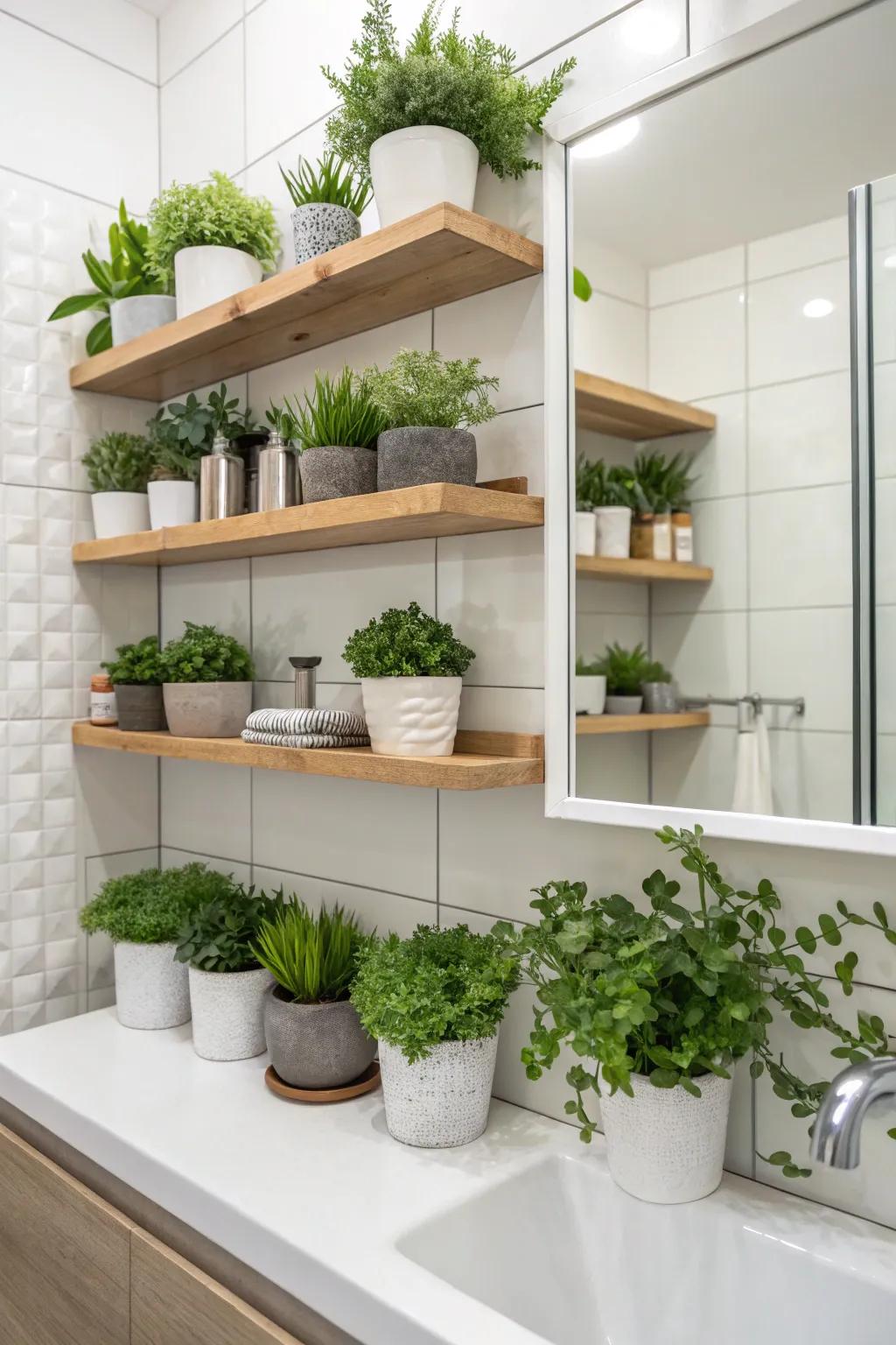 Small potted plants add a fresh touch to bathroom shelves.