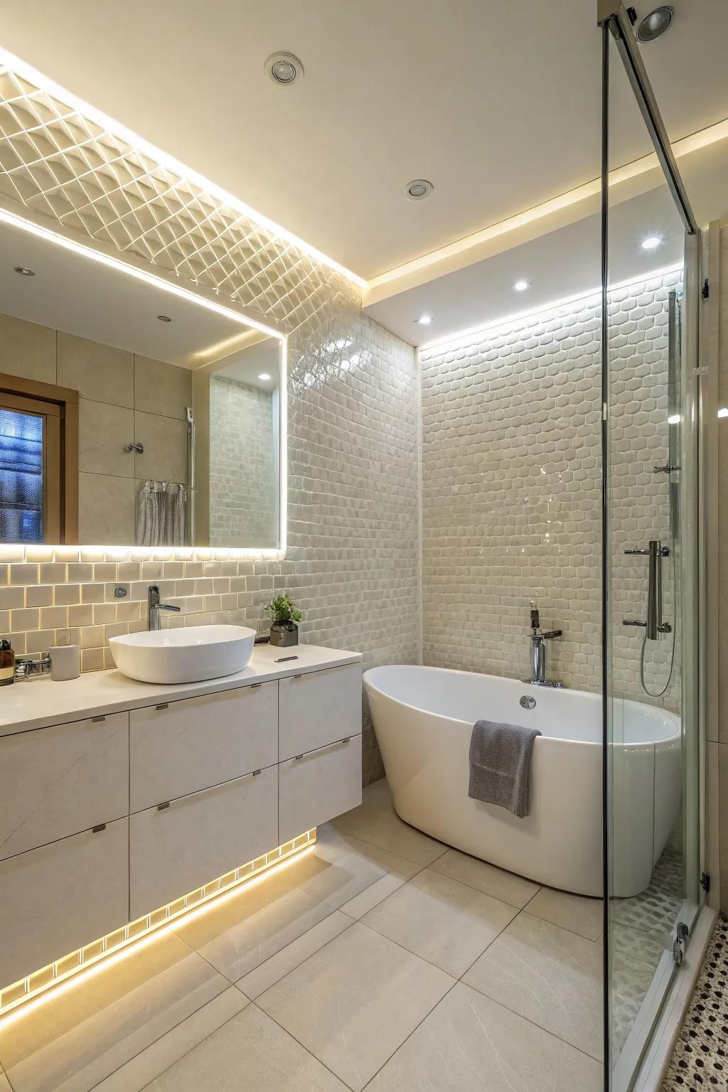 Light accentuating trims illuminate and enlarge bathroom spaces.