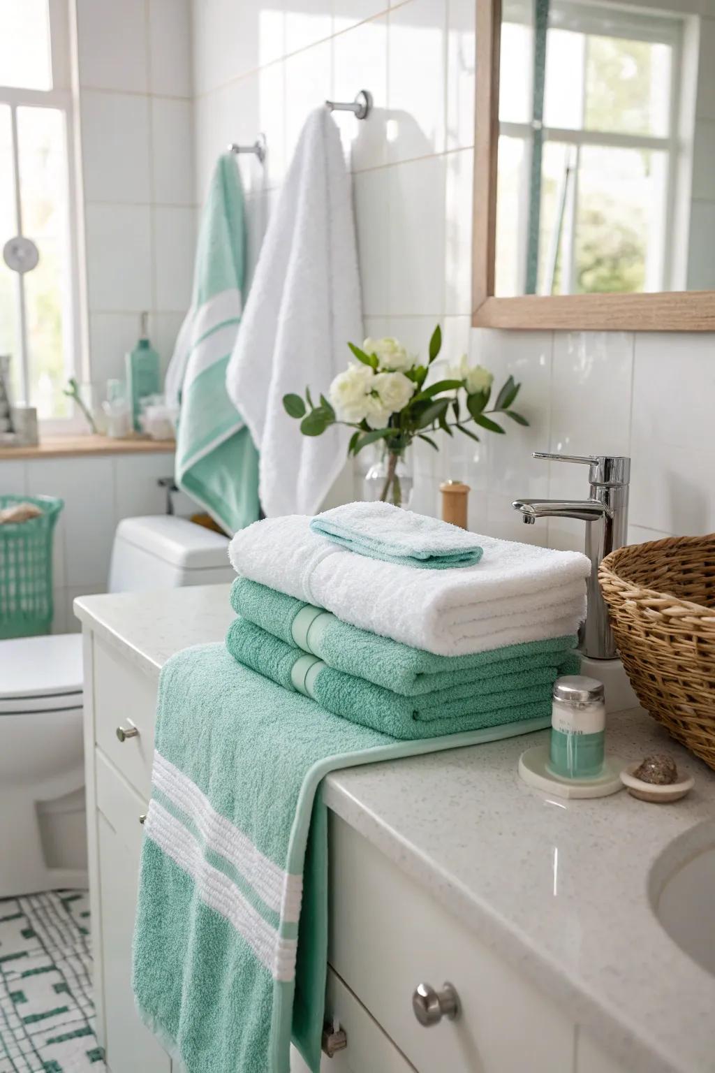 Aqua and snow white towels convey a revitalizing and crisp touch.