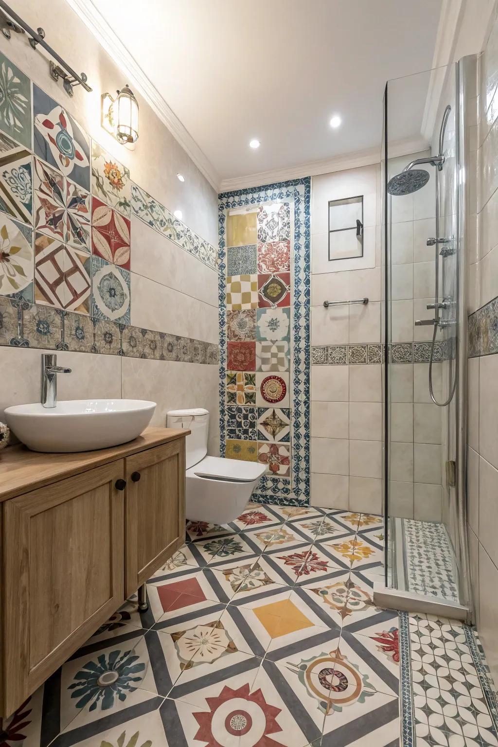 Mixing tile patterns creates a unique, eclectic look.