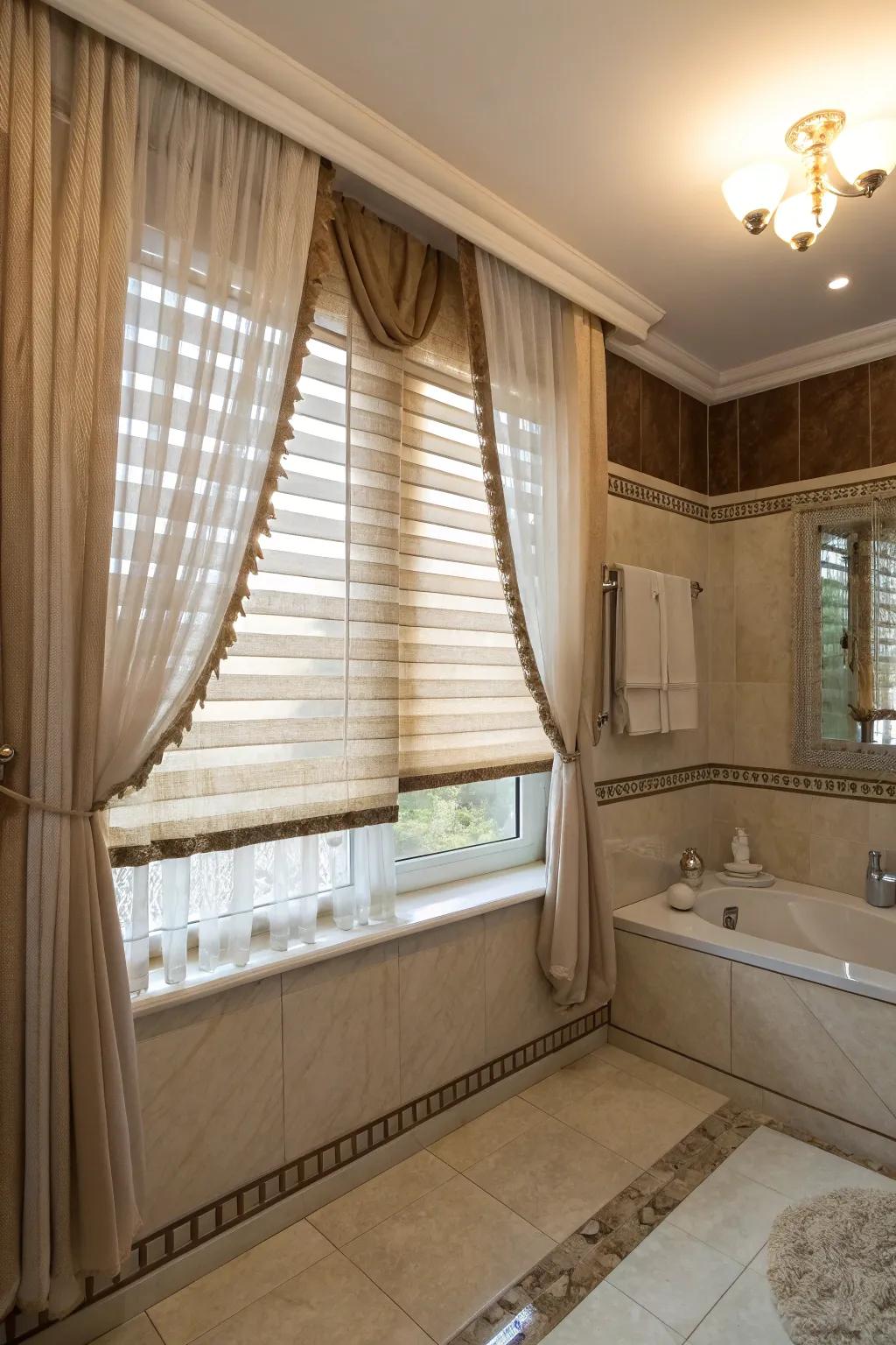 Layered window styling offering flexible light and privacy control.