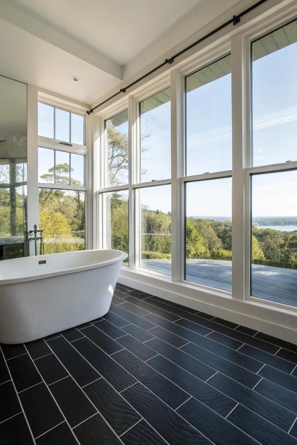 Sunshine enhances the dramatic beauty of a dark floor.