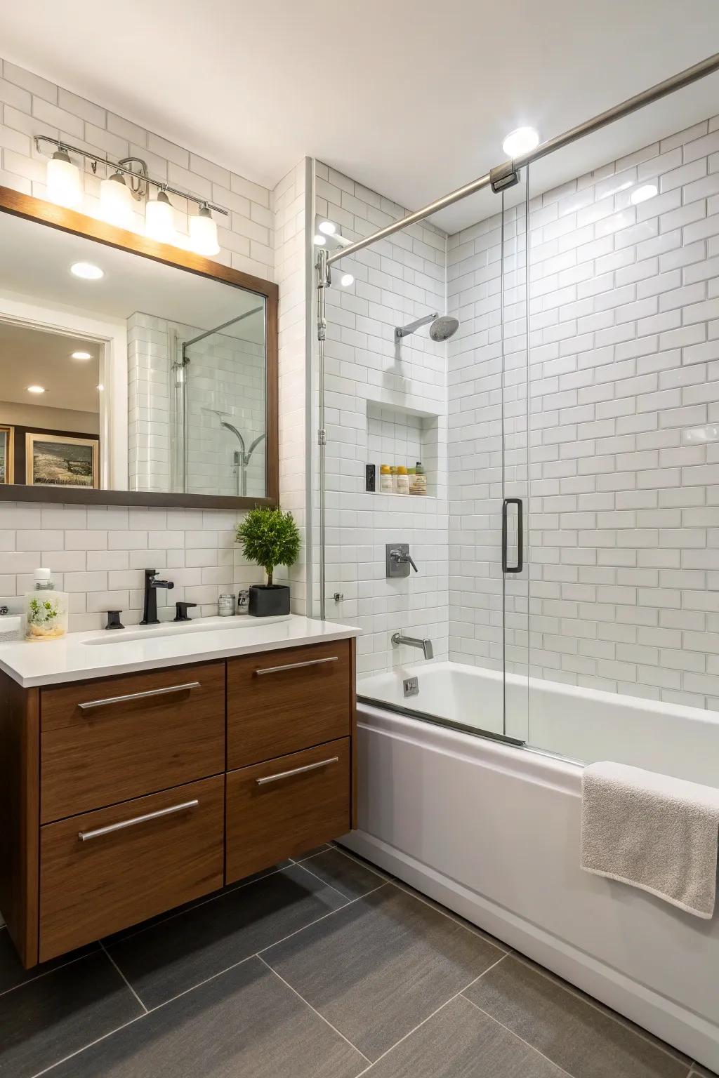 A smartly designed small bathroom has an efficient alcove tub.