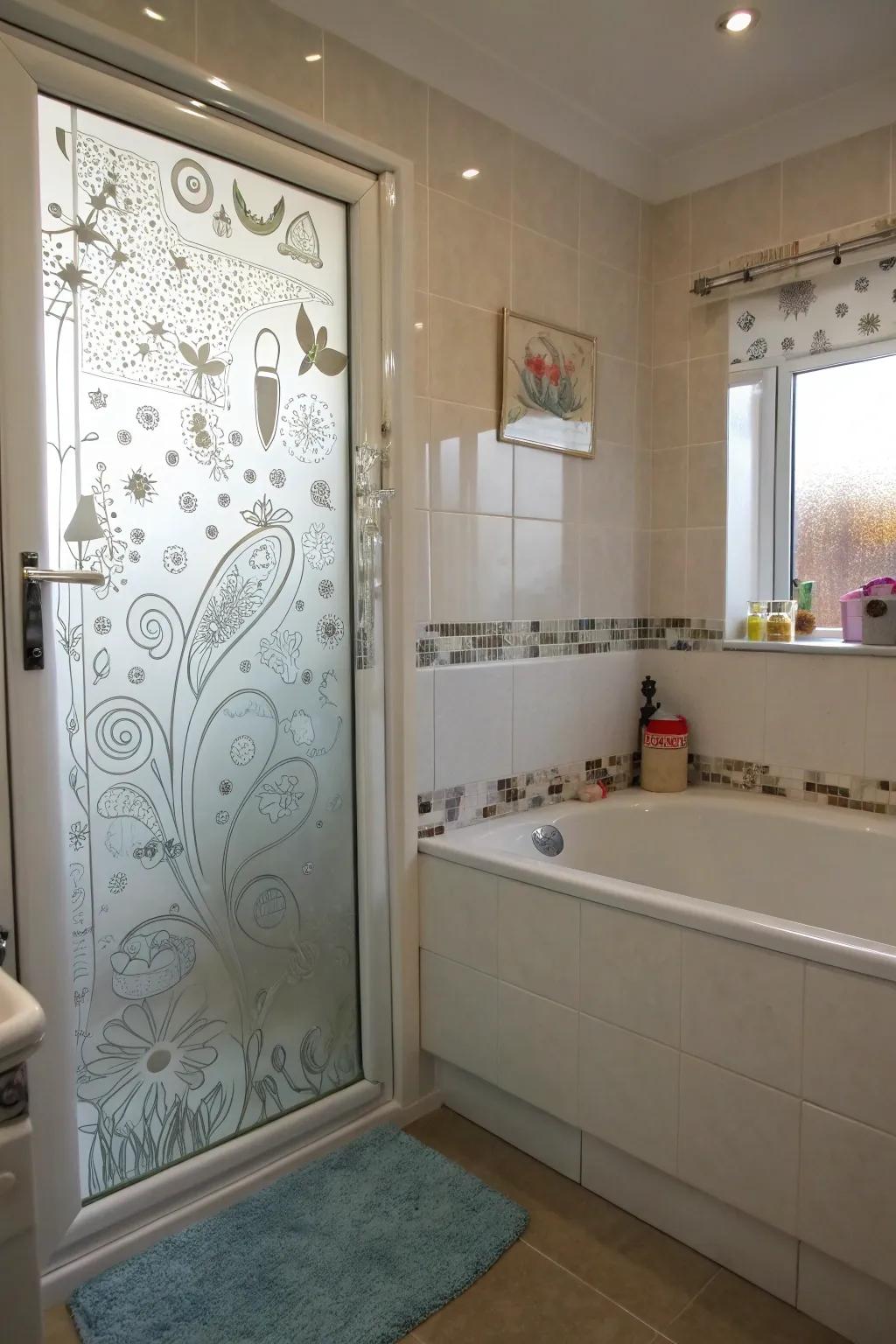 Incised designs inject playful and artistic elements into bathroom glass.