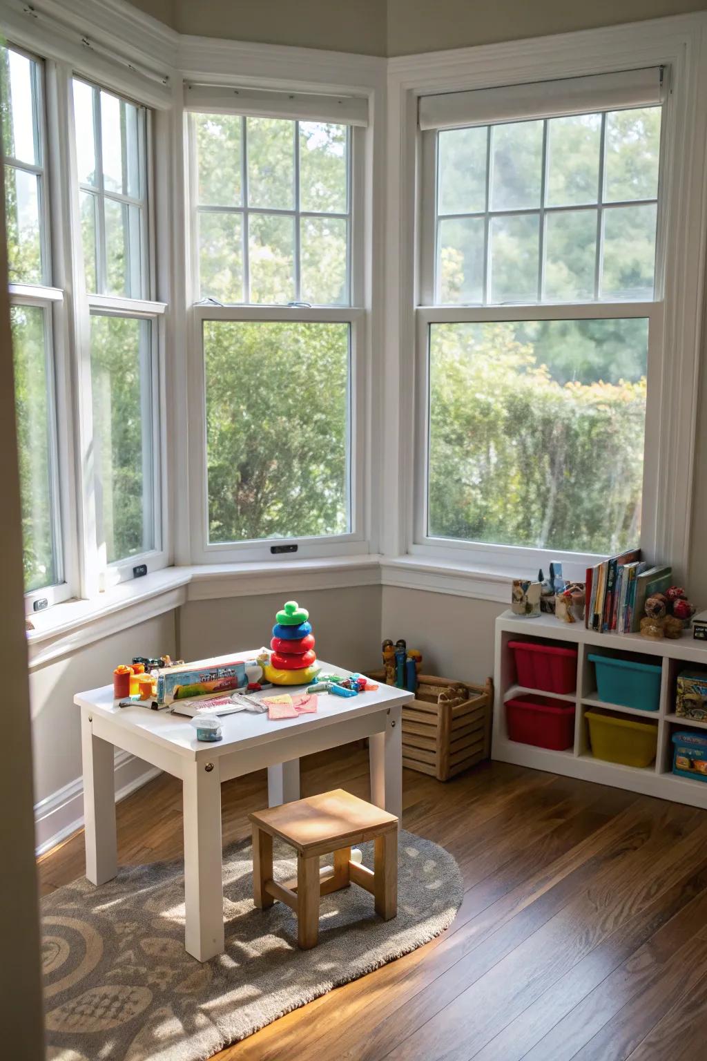 An interactive play zone in the bay window keeps kids entertained and engaged.