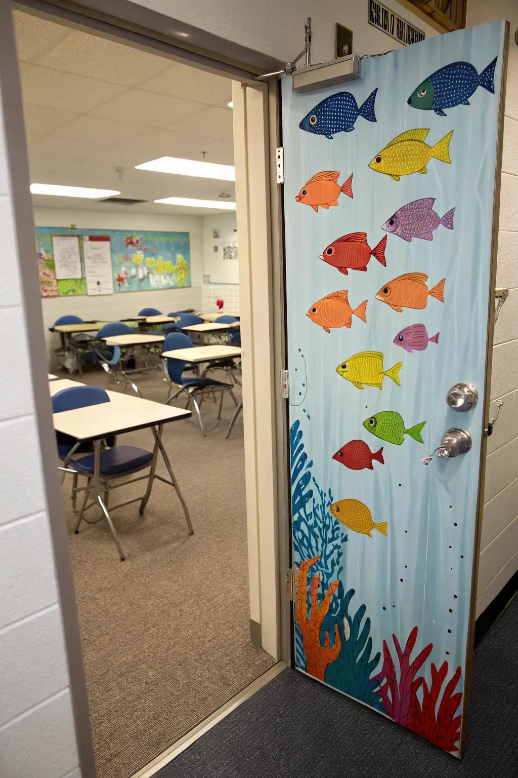 Lively procession of tropical fish on the door.