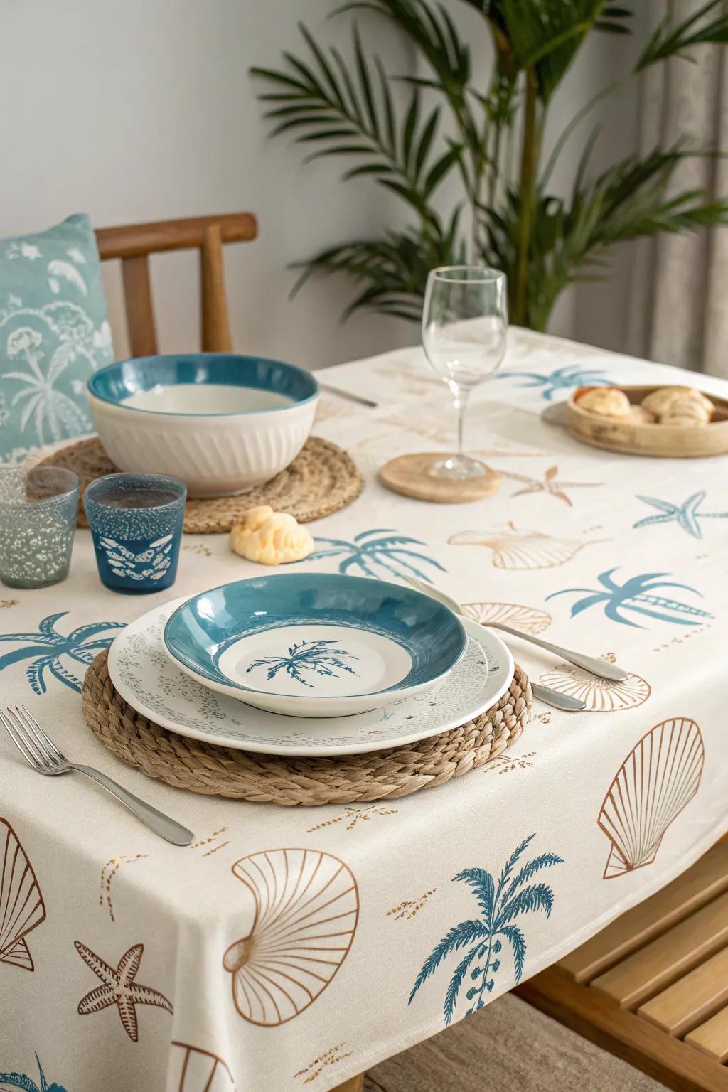 Create a seaside ambiance at your dining table with beachy tablecloths.