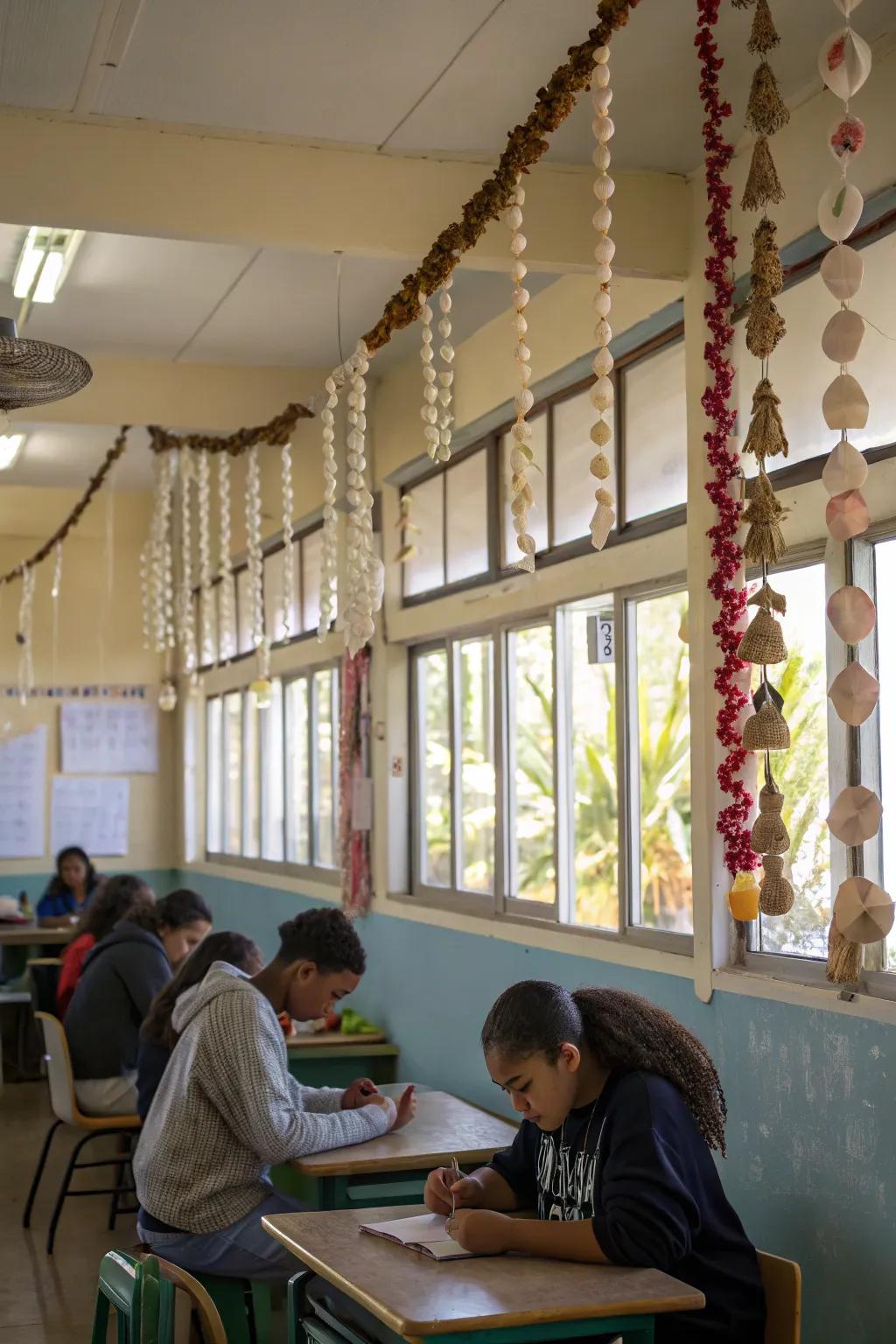 Shell garland embellishments providing a delicate and elegant touch to the classroom decor.