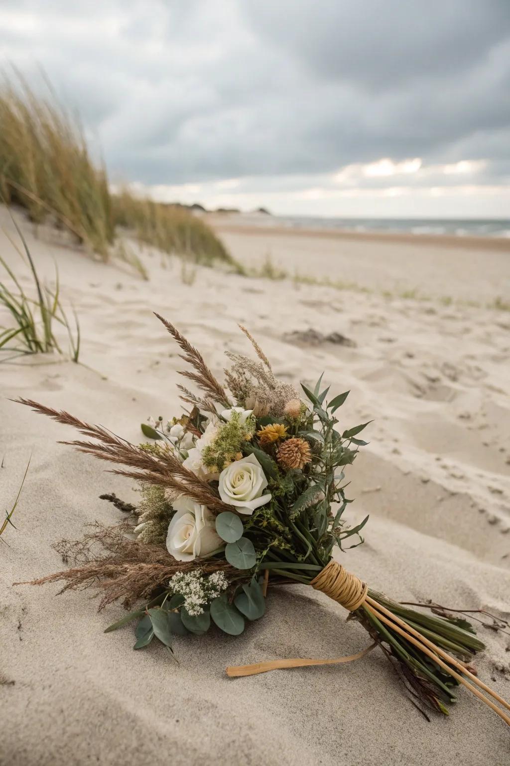 An earthy arrangement that naturally complements the beach setting.