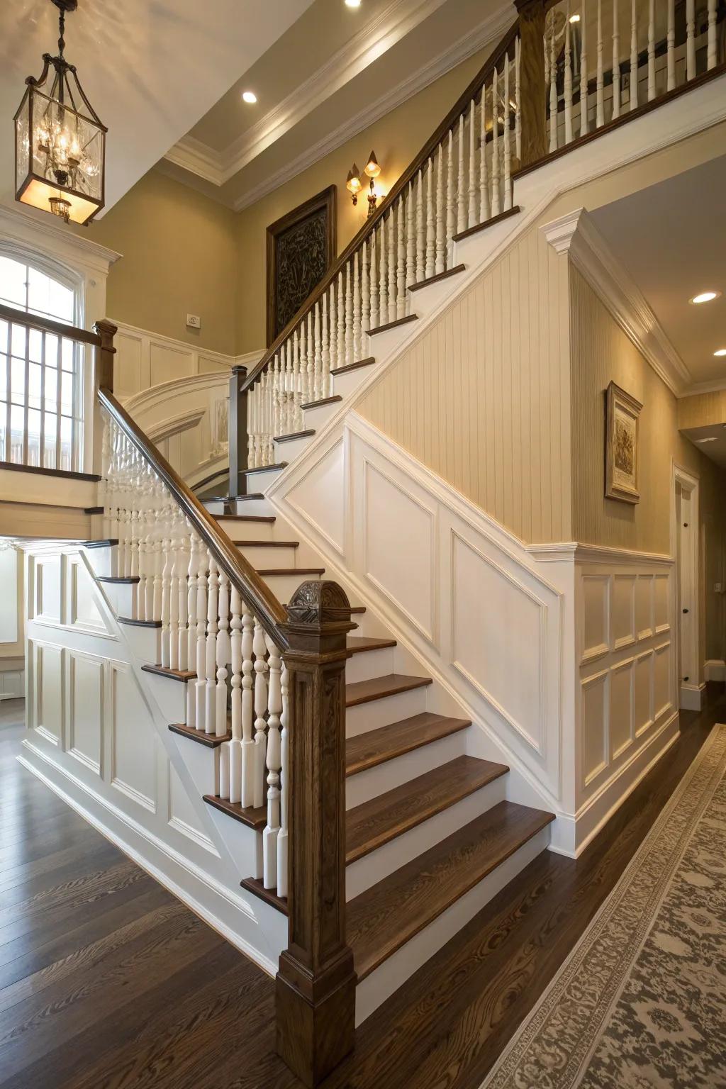 A fashionable staircase showcasing plank panel trim.