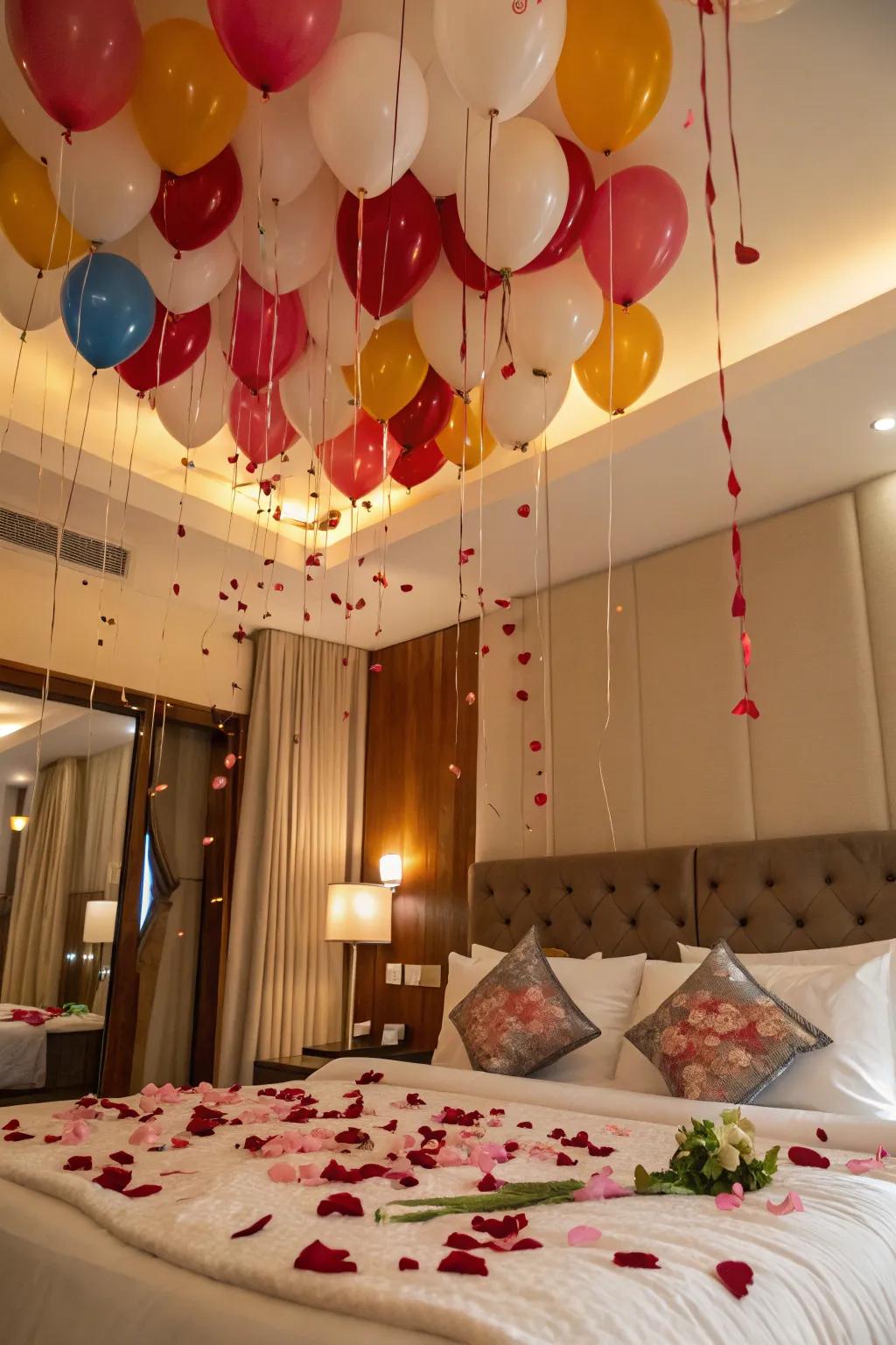 A playful surprise with floats ready to release rose petals for a romantic moment.