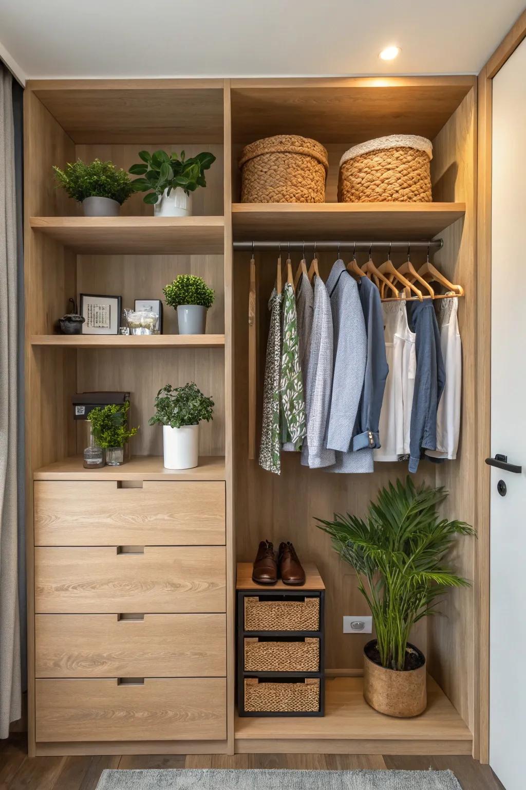 Natural touches make your closet feel calm and inviting.