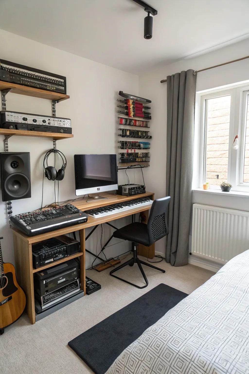 Hidden cord channels offer a tidy look for your studio.