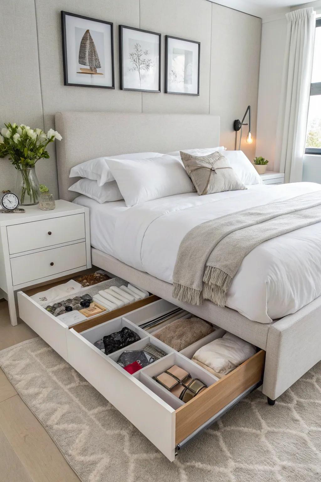 A bedroom featuring practical under-bed storage solutions.