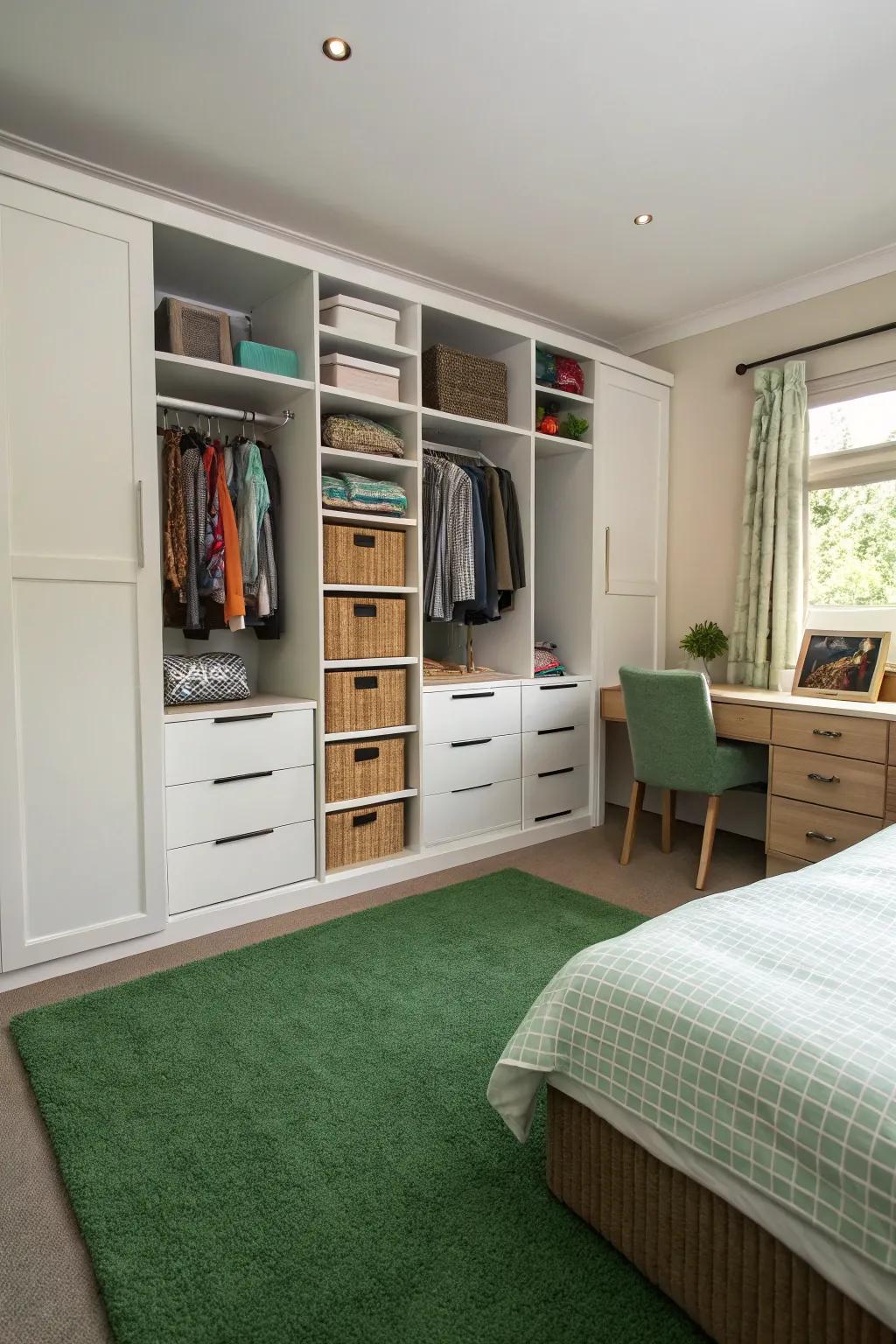 Clever storage keeps the bedroom organized, improving its utility.
