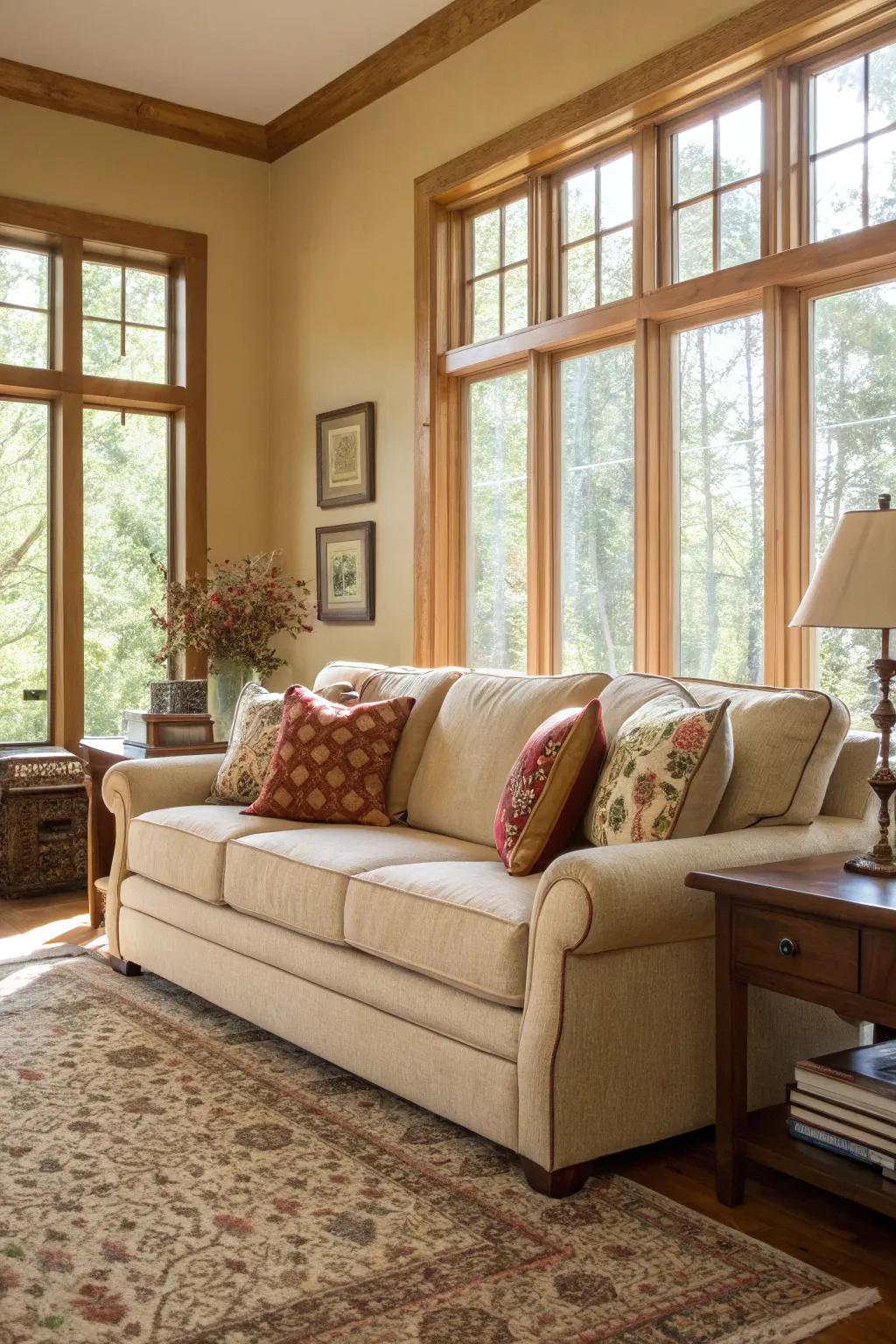 A sand-toned sofa is featured in a welcoming living room filled with natural light.
