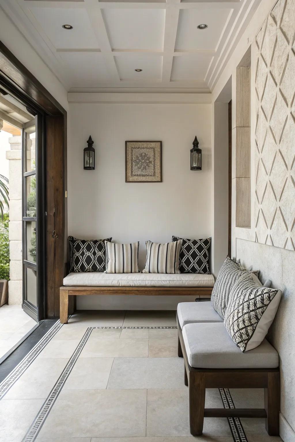 Monochrome cushions provide a sleek and chic aesthetic.