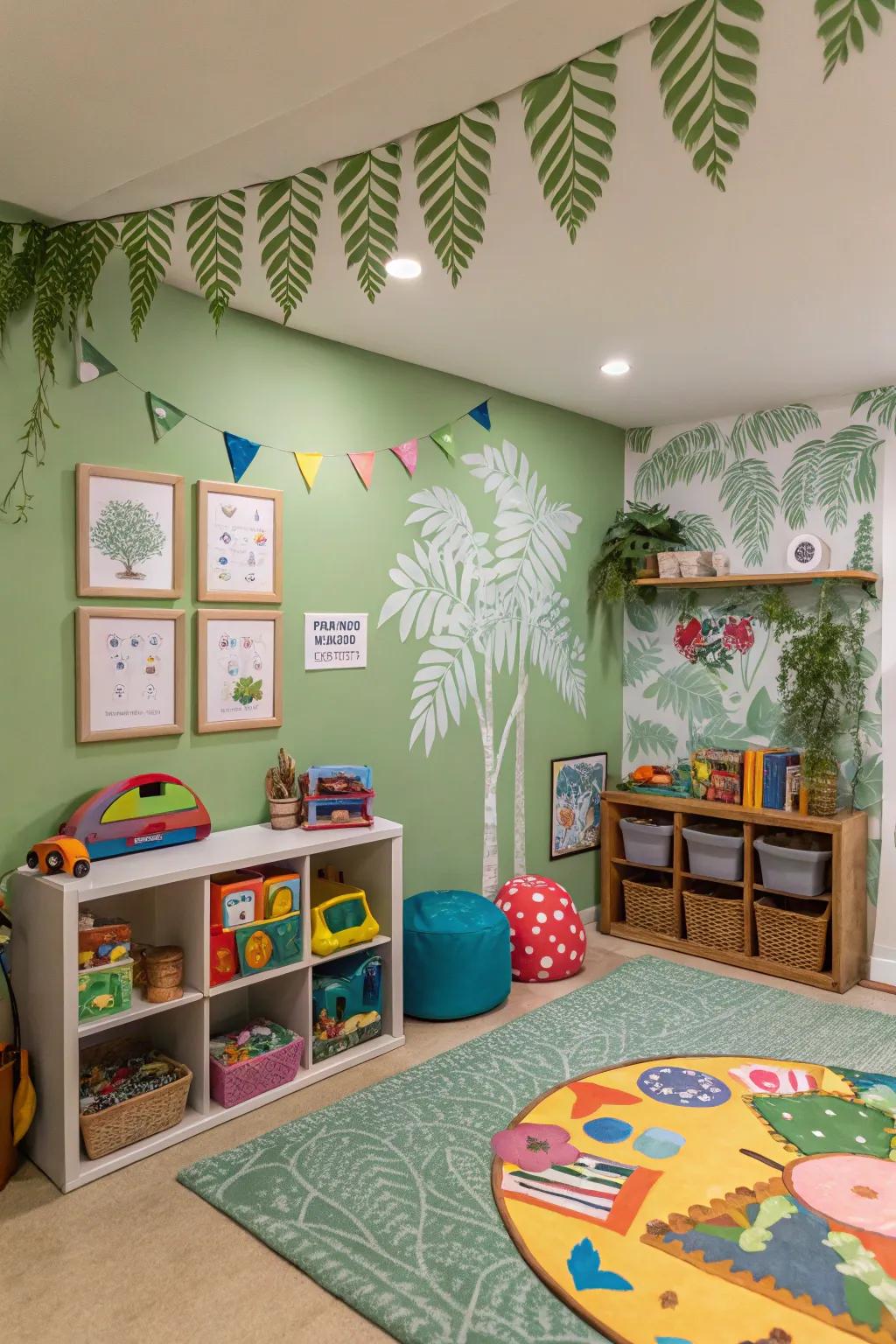 An energetic playroom featuring lively wonder green walls.