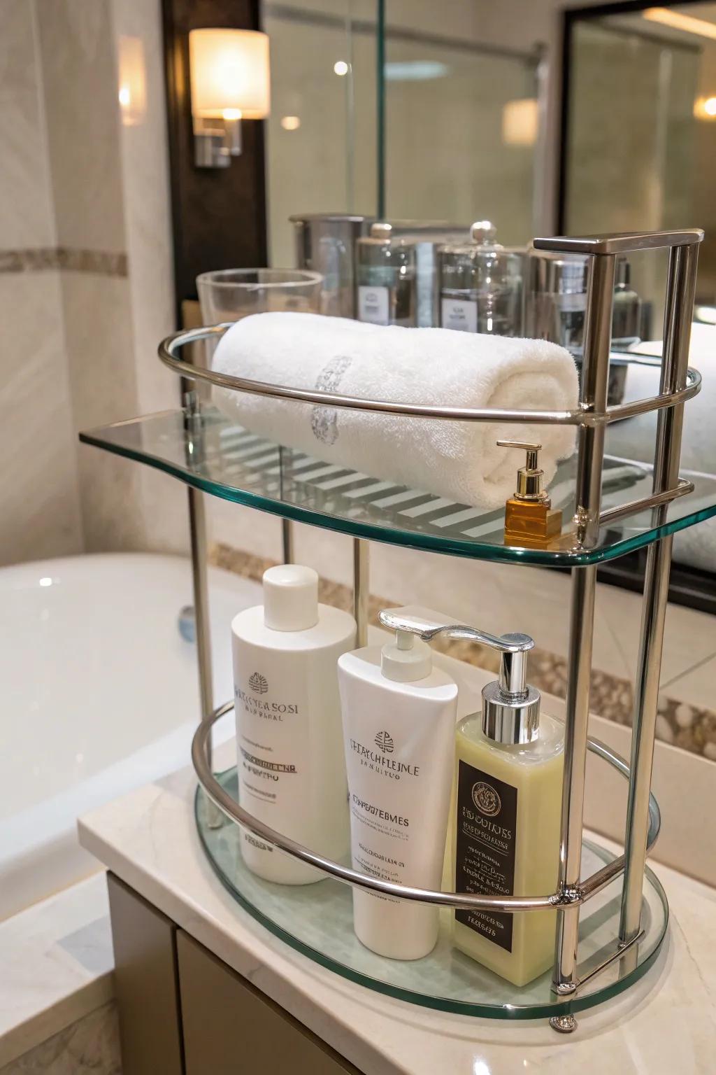 Elevate your bath with luxury glass shelves for a sophisticated touch.
