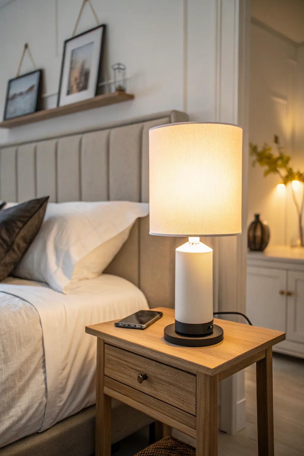 A smart bedside lamp creates a tranquil atmosphere.