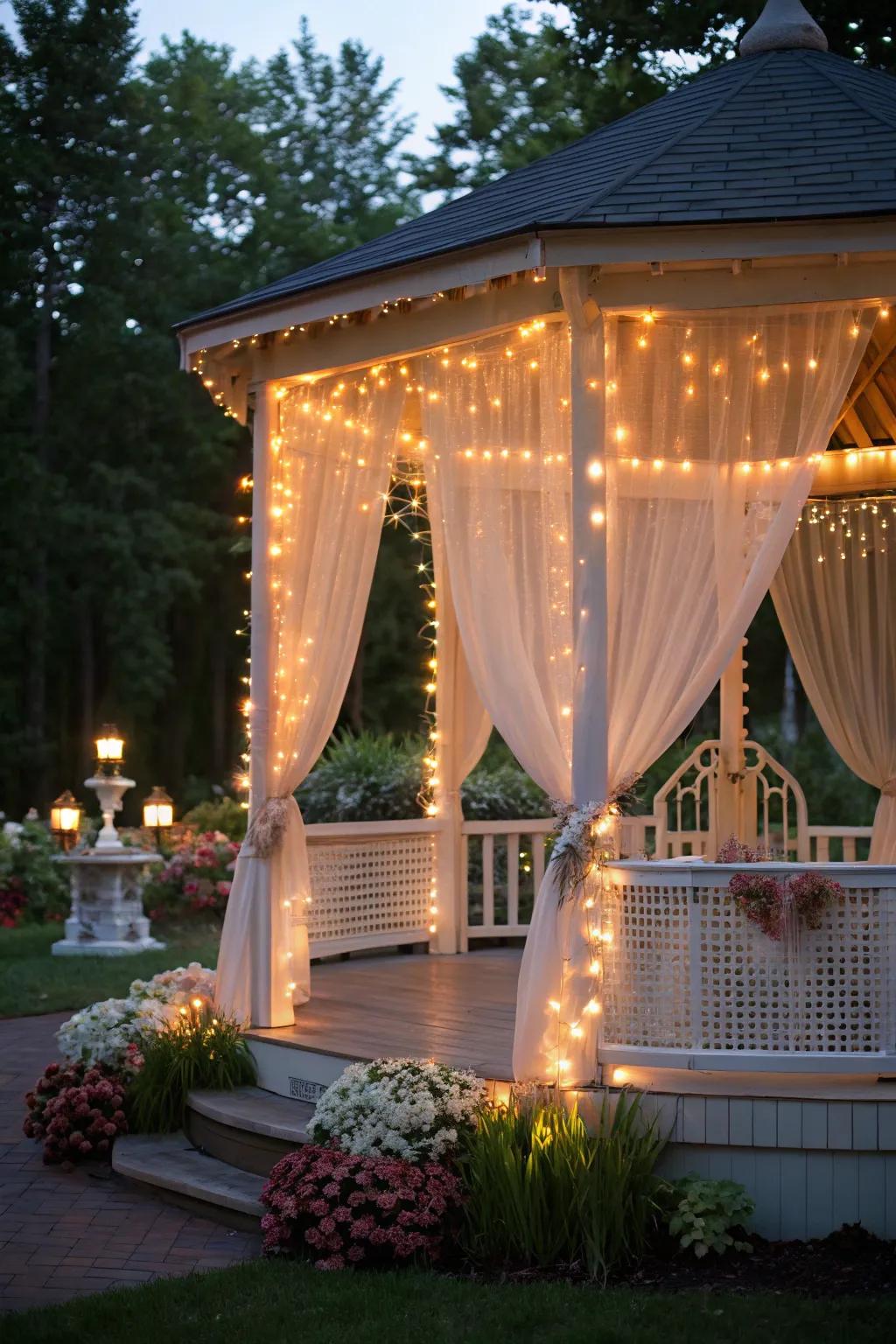 Veil lights contribute elegance and glamour to any gazebo.