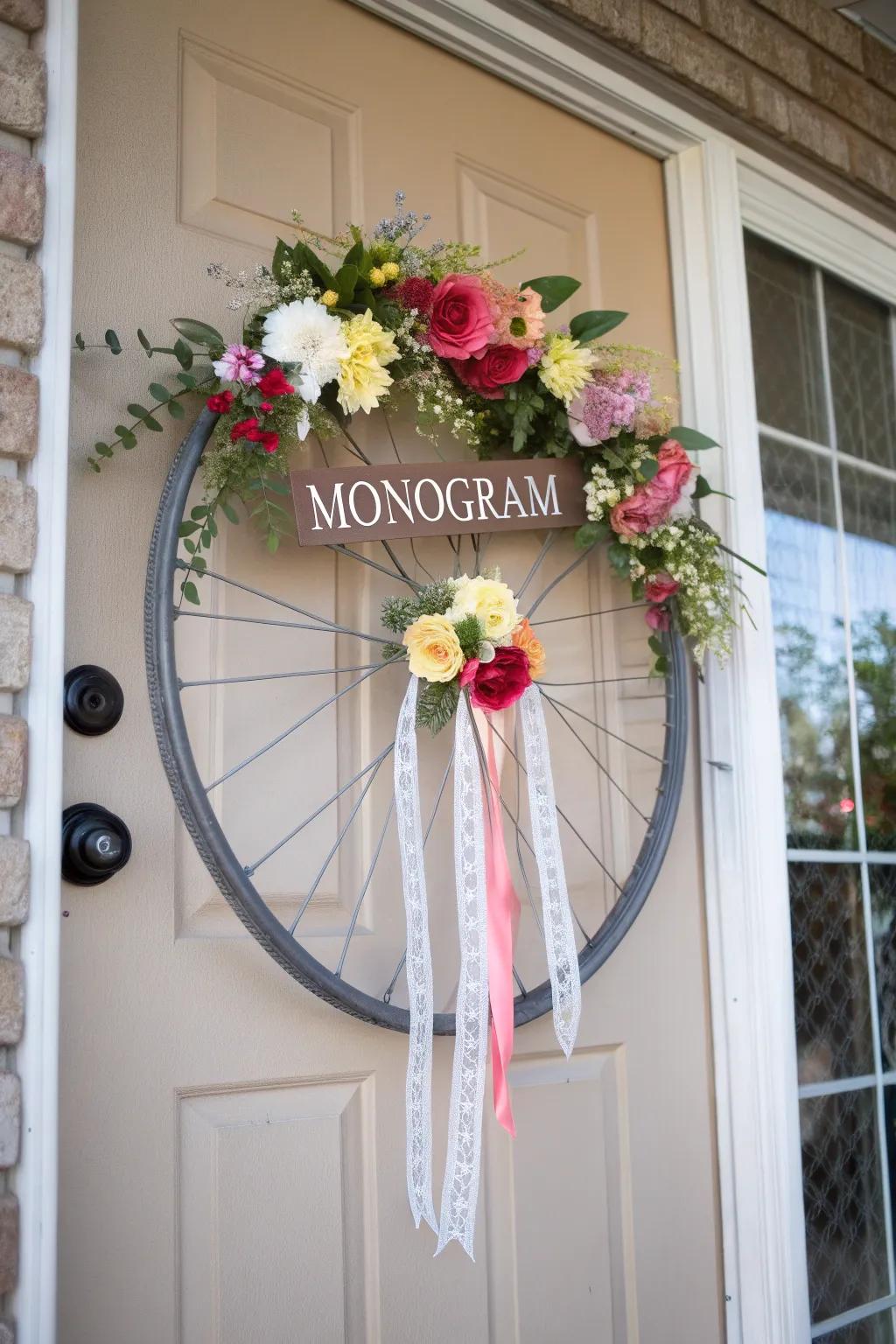 A monogrammed bicycle wreath showcasing initials for a personal detail.