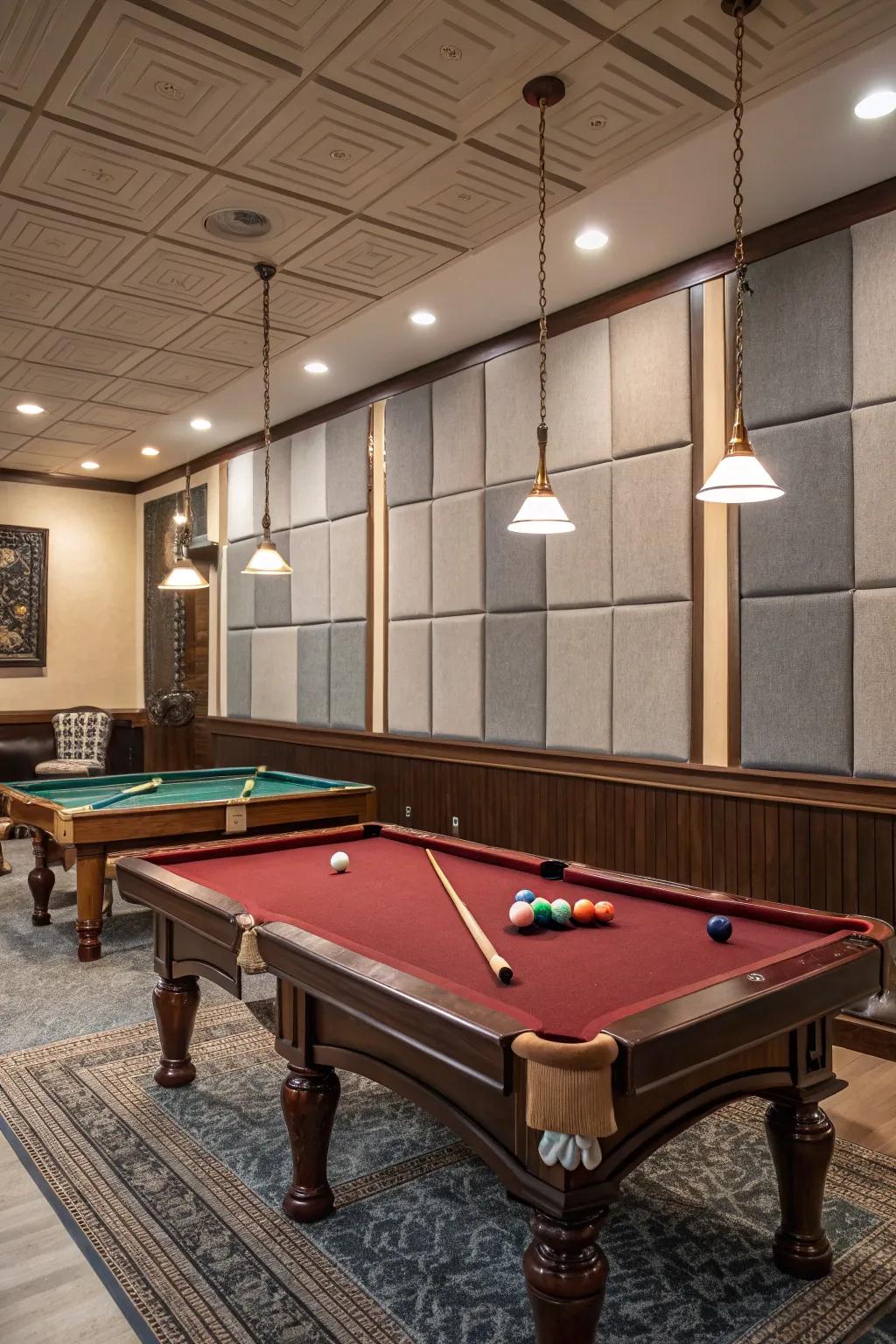 Acoustic panels optimize sound quality in a billiards space.