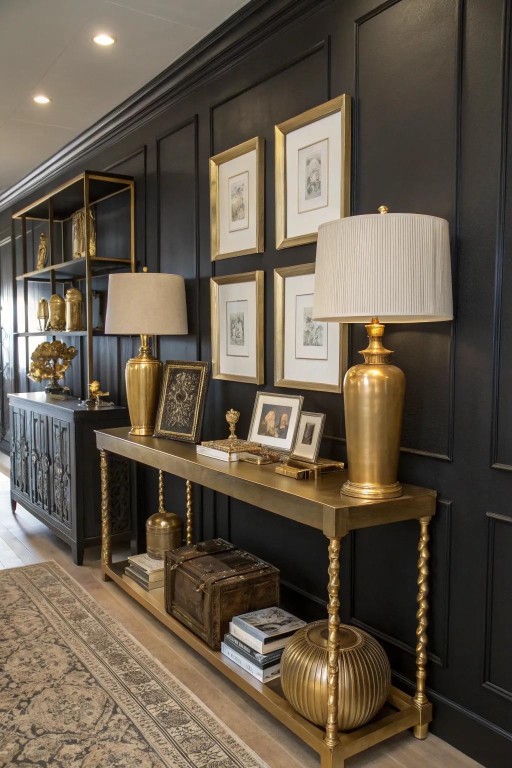 A room where a black accent wall is enhanced by brass decor elements for a touch of glam.