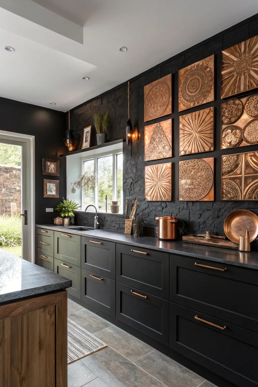 Copper wall art adds a sophisticated artistic touch to your kitchen.