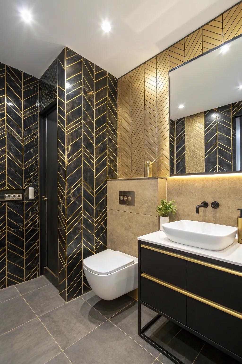 An accent wall covered with ebony and gold adds drama and elegance.