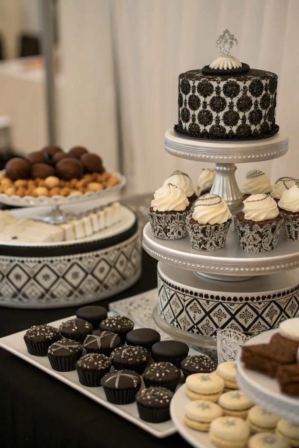 An innovative dessert table showcasing coal and shimmer treats.