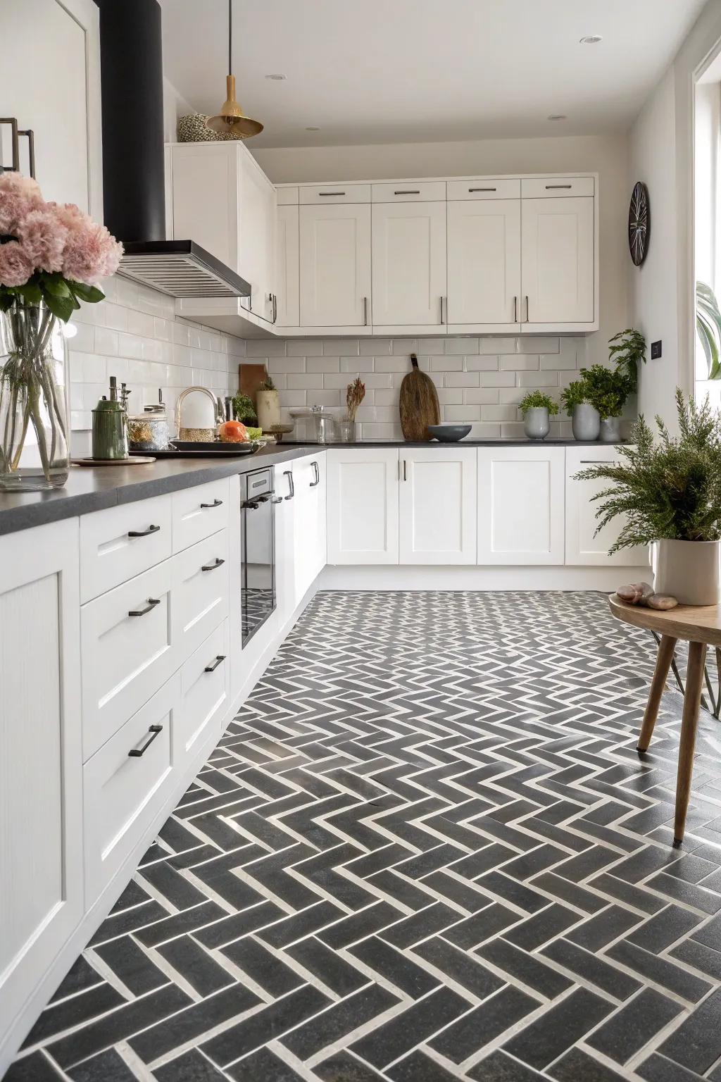 Unique herringbone flooring adds visual appeal.