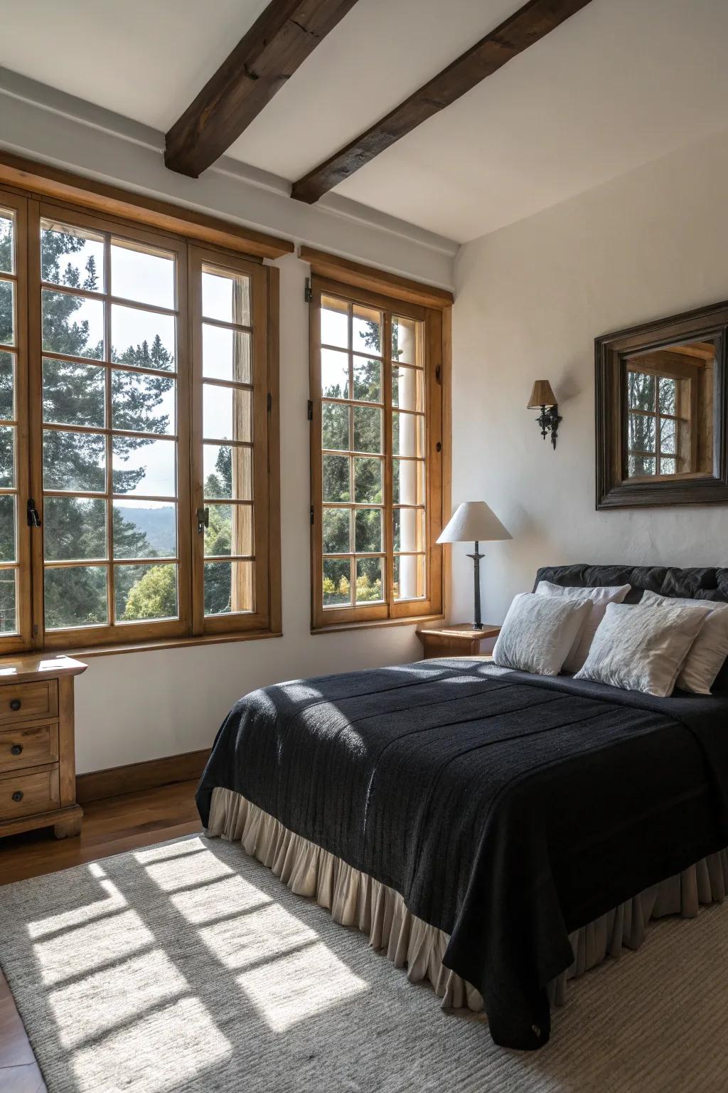 Balancing black bedding with natural light.