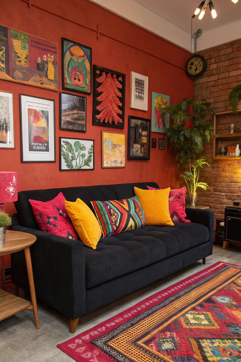 A pop of color enlivens a dark-toned sofa.